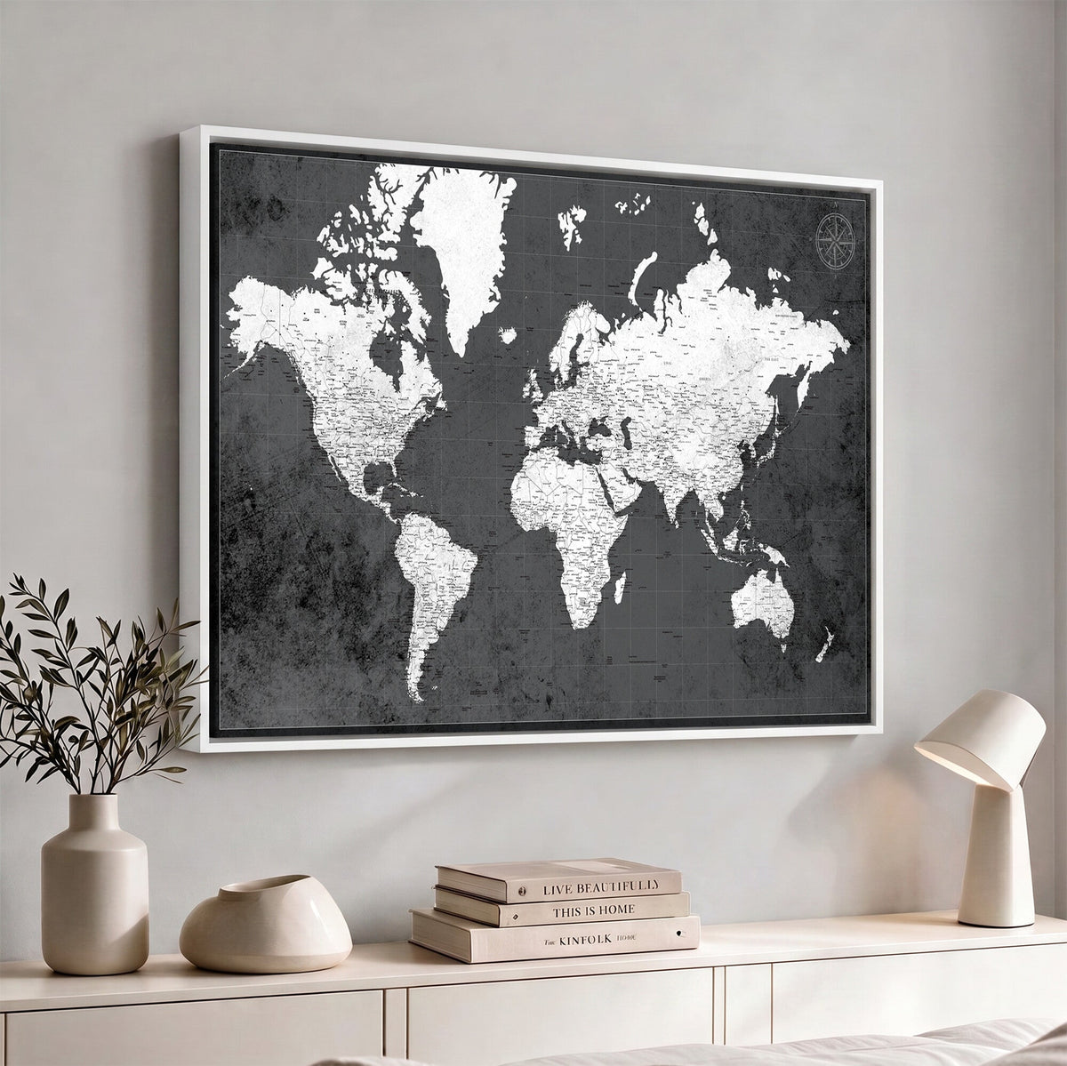 78574966-MGV-CV-36X24 - Extra Large Framed Personalize Push Pin World Map Wall Art Canvas Print for Travel Tracking - NEWMAP-128