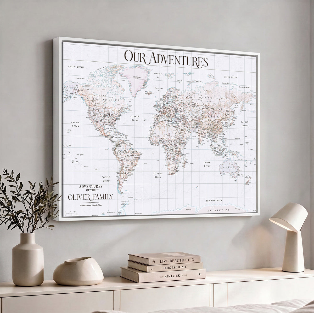 18074626D3DD-MGV-CV-36X24 - Extra Large Framed Personalized Push Pin World Map Wall Art Canvas Print for Travel Tracking