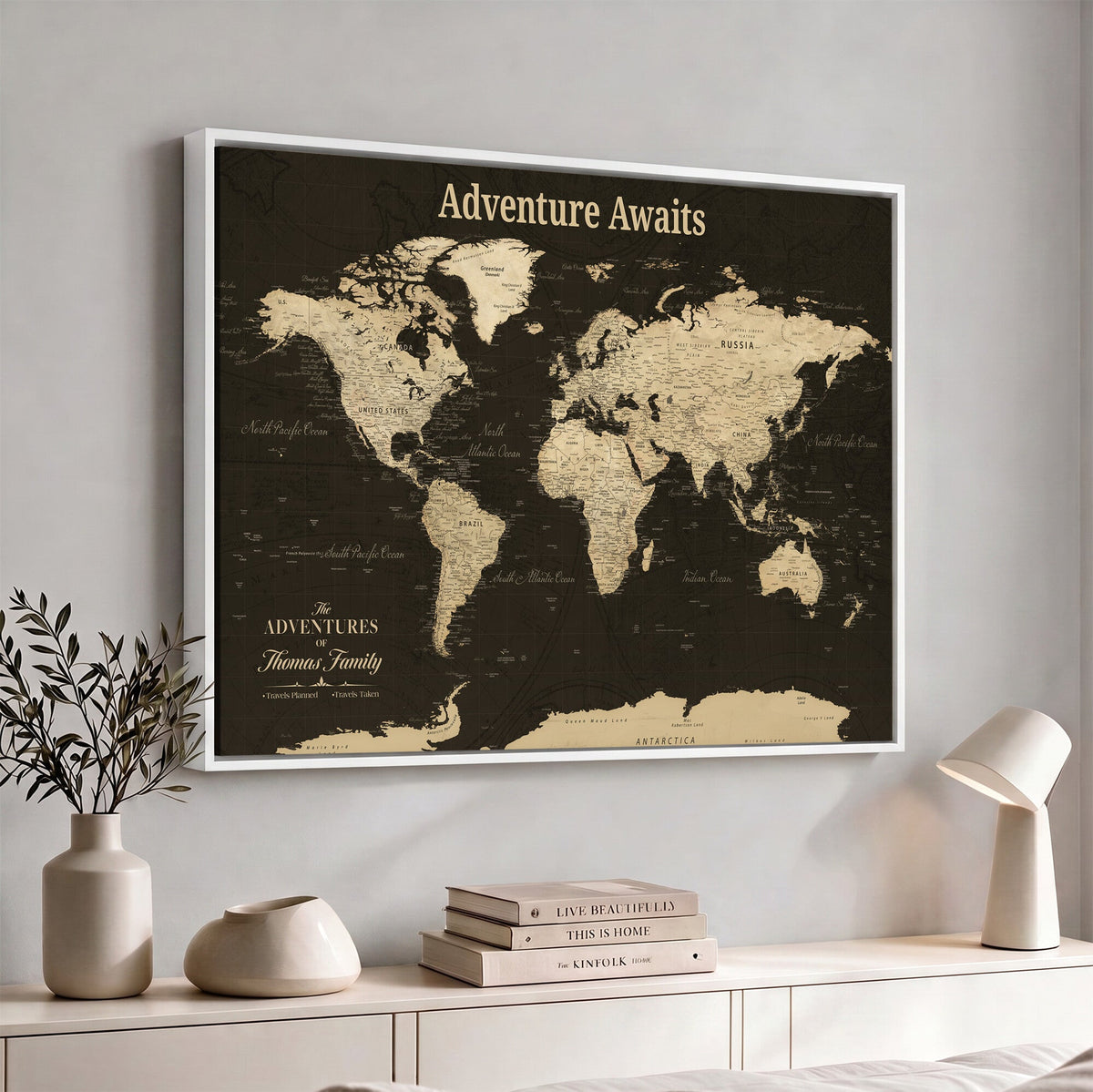 Custom Beige Modern World Travel Map Wall Art with Pins, Family Travel Tracker, Dining Room and Entryway Decor