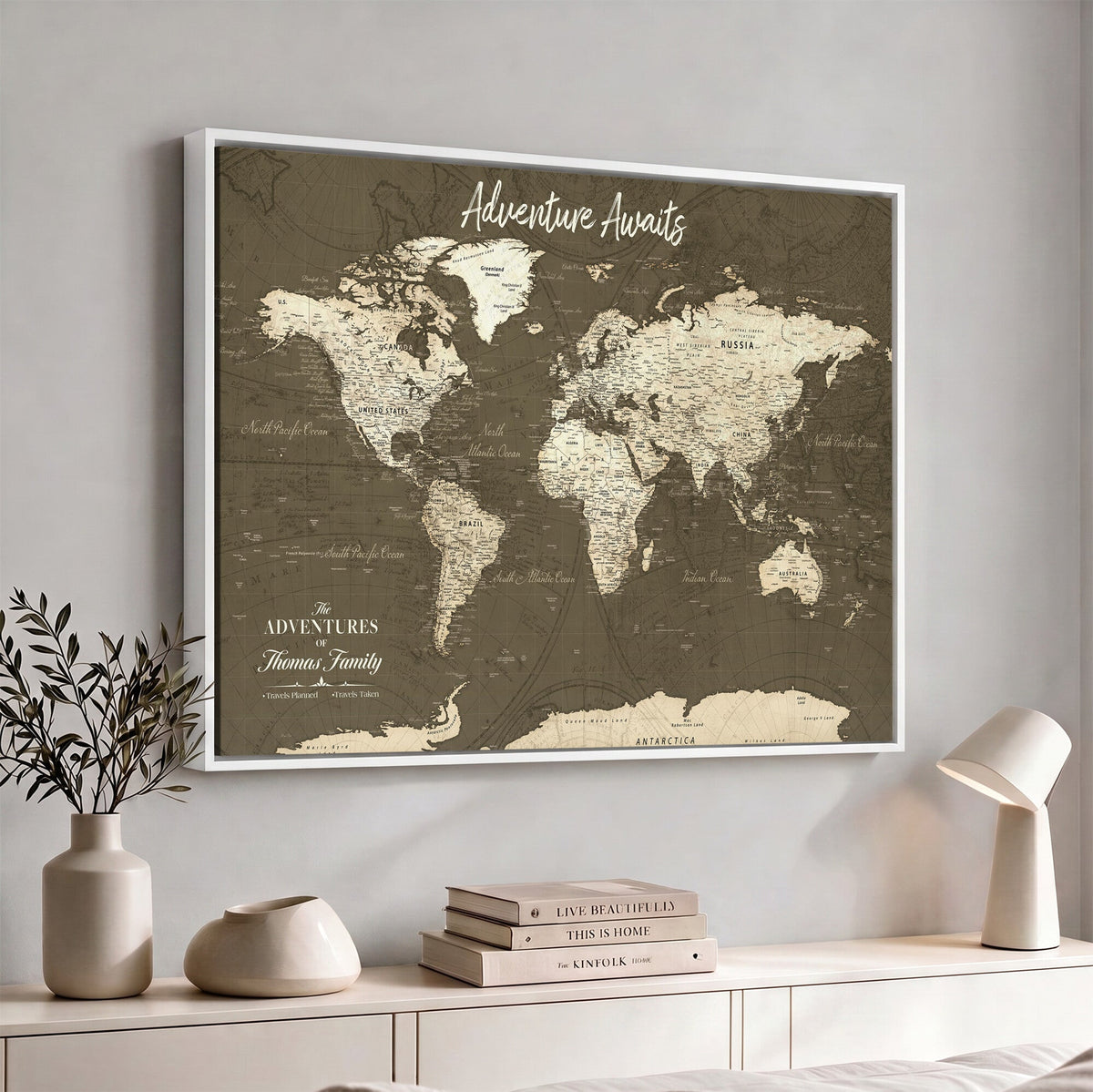 Personalized White Modern World Travel Map Wall Art with Pins, Honeymoon and Anniversary Gift, Living Room and Dining Room Decor
