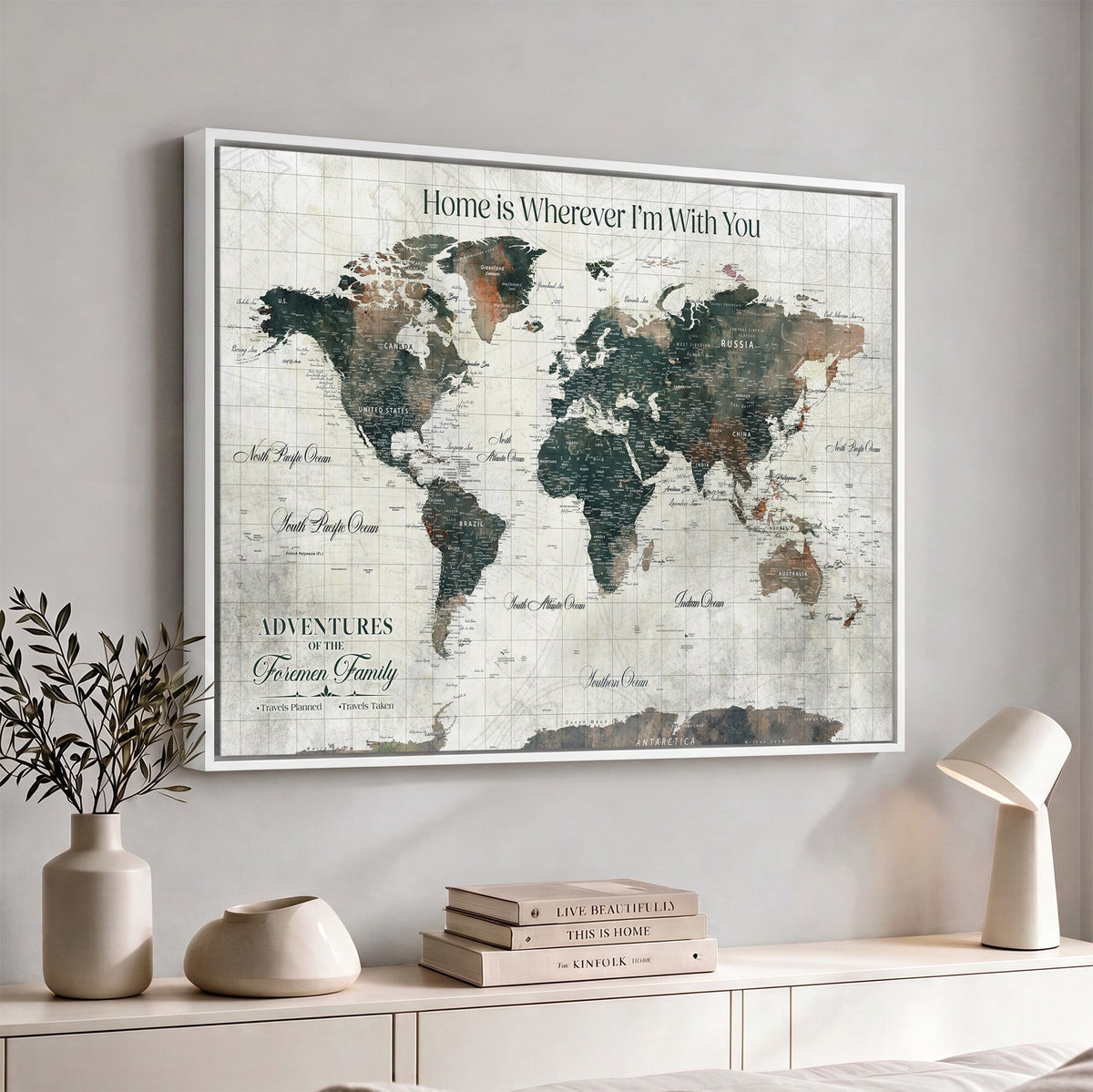 Personalized Framed Beige Push Pin Travel Map Canvas Print, Family Travel Tracker, Home Office and Hallway Decor