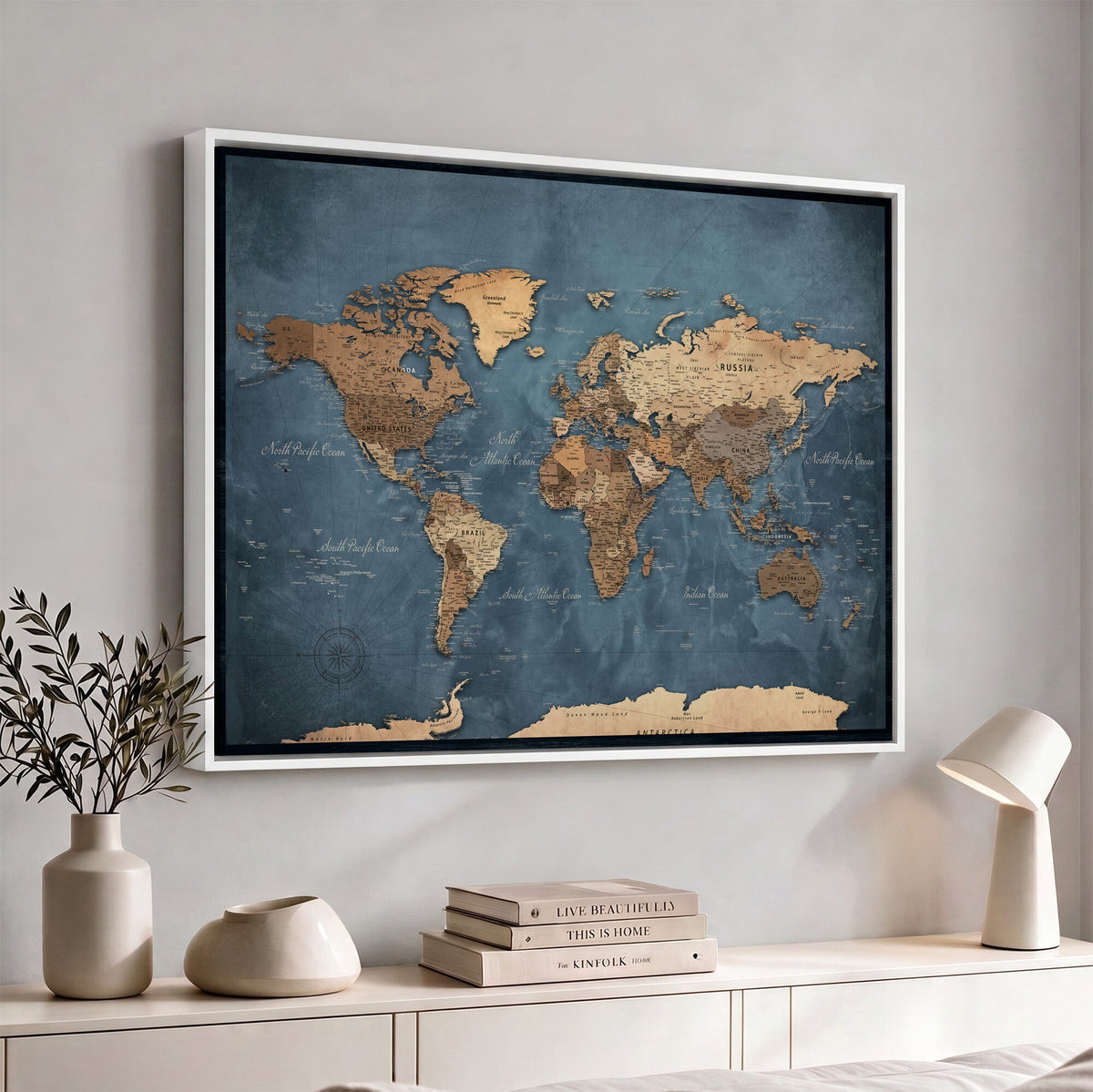 81949666D-MGV-CV-36X24 - Custom Push Pin World Map Wall Art Canvas Print – Personalized Travel Tracker with Pins Framed Large for Home and Office Decor