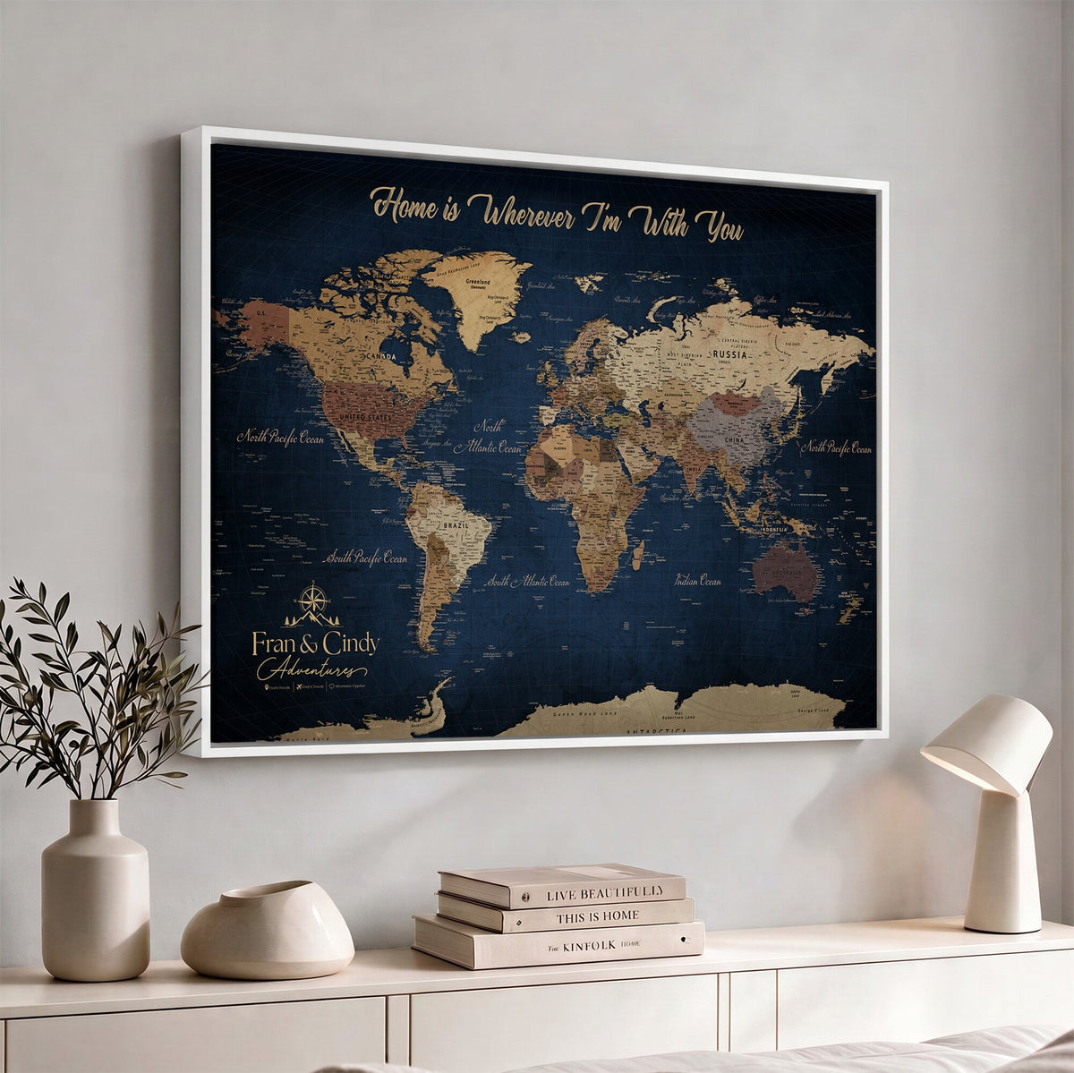 57774467D-MGV-CV-36X24 - Custom Push Pin World Map Wall Art Canvas Print – Personalized Travel Tracker with Pins Framed Large for Home and Office Decor