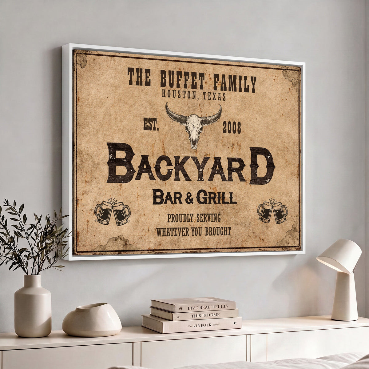 Custom Backyard Bar & Grill Sign Canvas, Personalized Family Name Sign