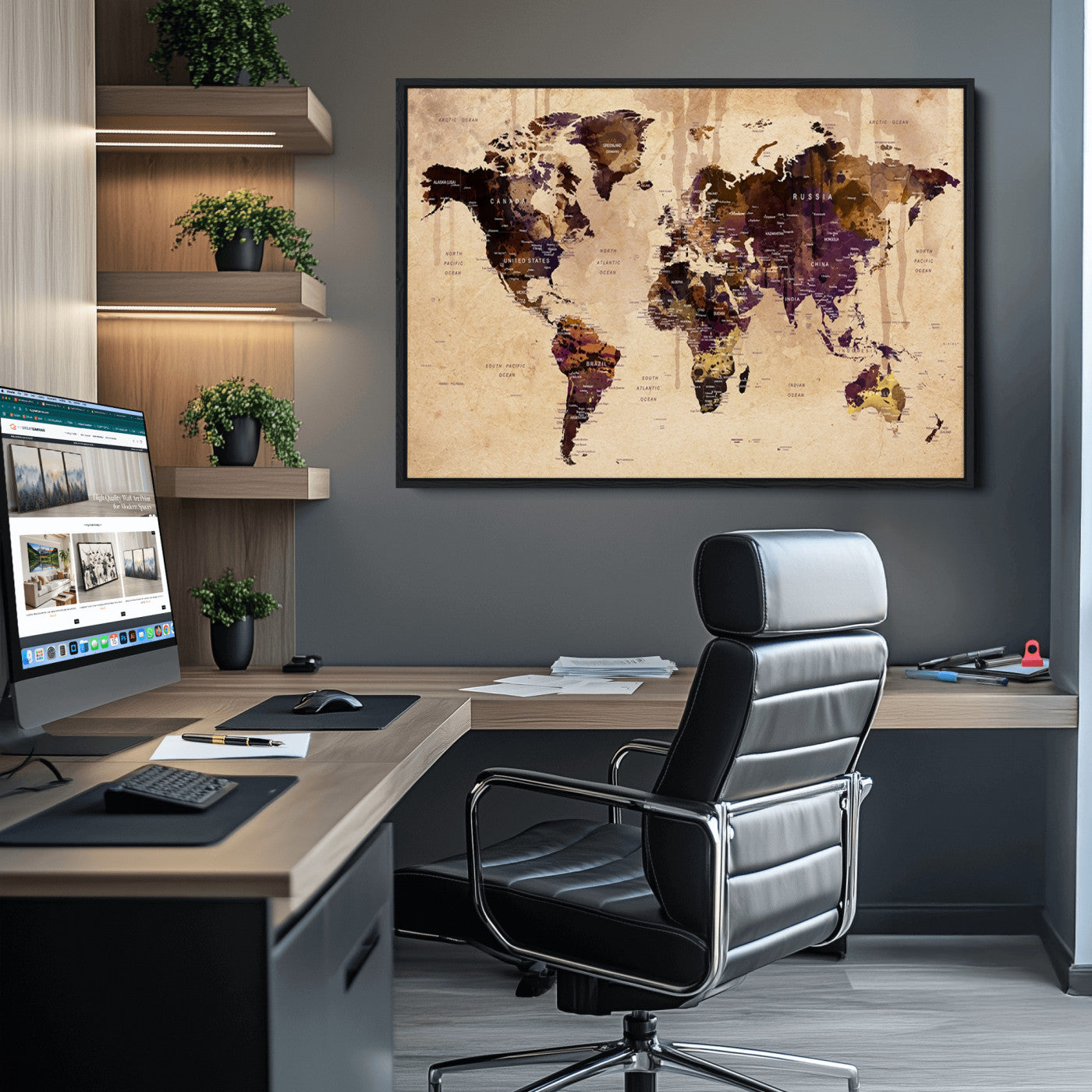 Push Pin World Map Canvas Print – Framed Wall Art for Couples to Track Their Travels – Anniversary Gift or Home Adventure Decor