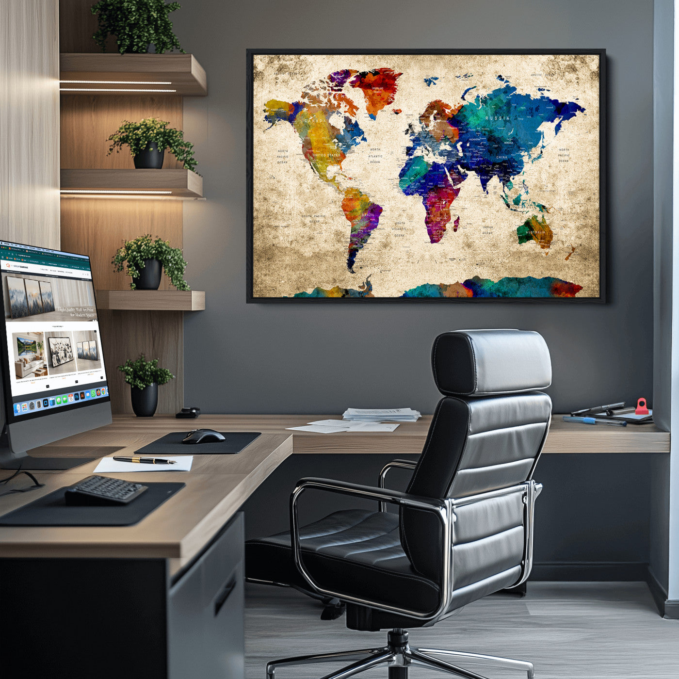 Push Pin World Map Canvas Print – Framed Wall Art for Couples to Track Their Travels – Anniversary Gift or Home Adventure Decor