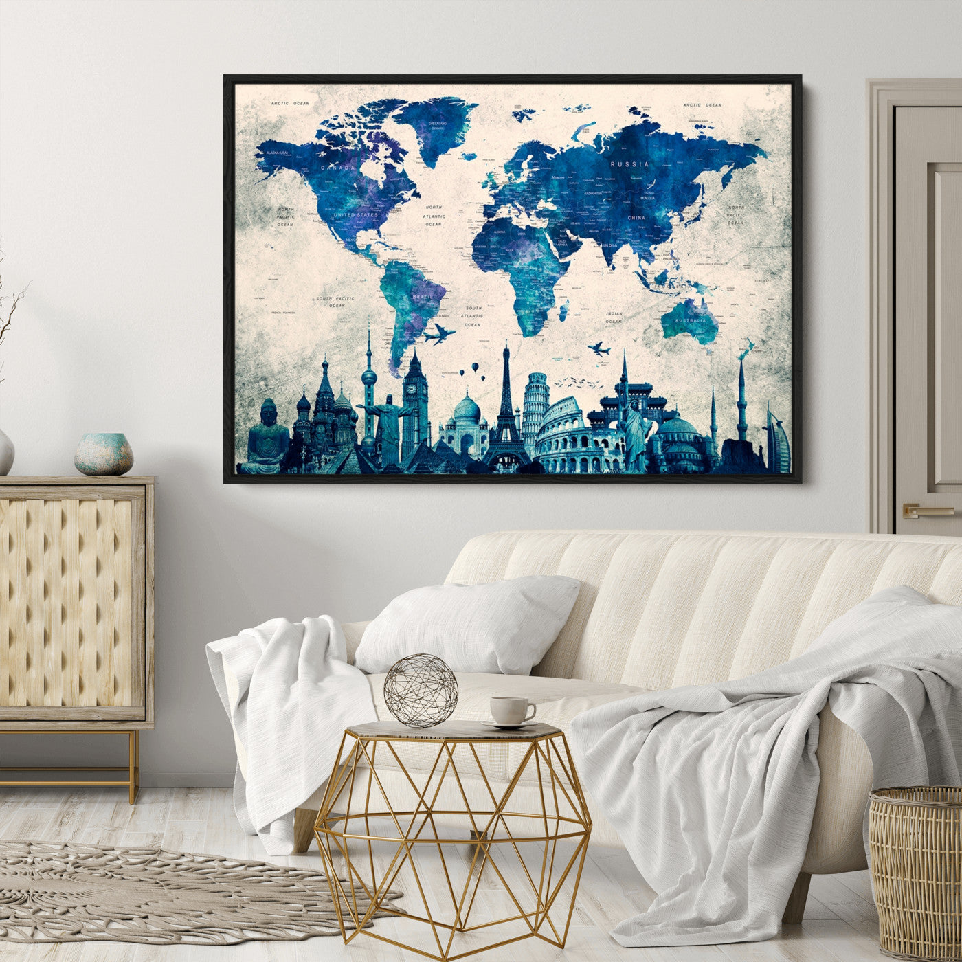 Navy Blue World Map Canvas Print, Wonder of World Map Push Pin Canvas Print