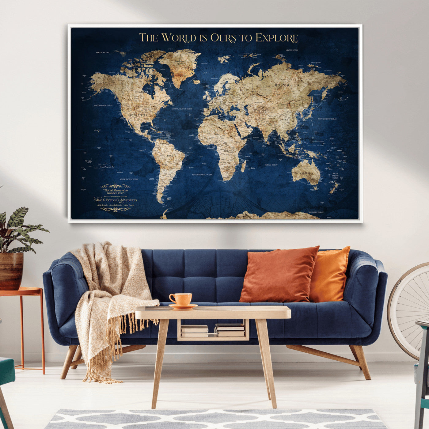 Custom World Map Wall Art – Personalized Framed Canvas Print with Push Pins for Travel Tracking, Anniversary or Couple Gift Ideas - H2-2
