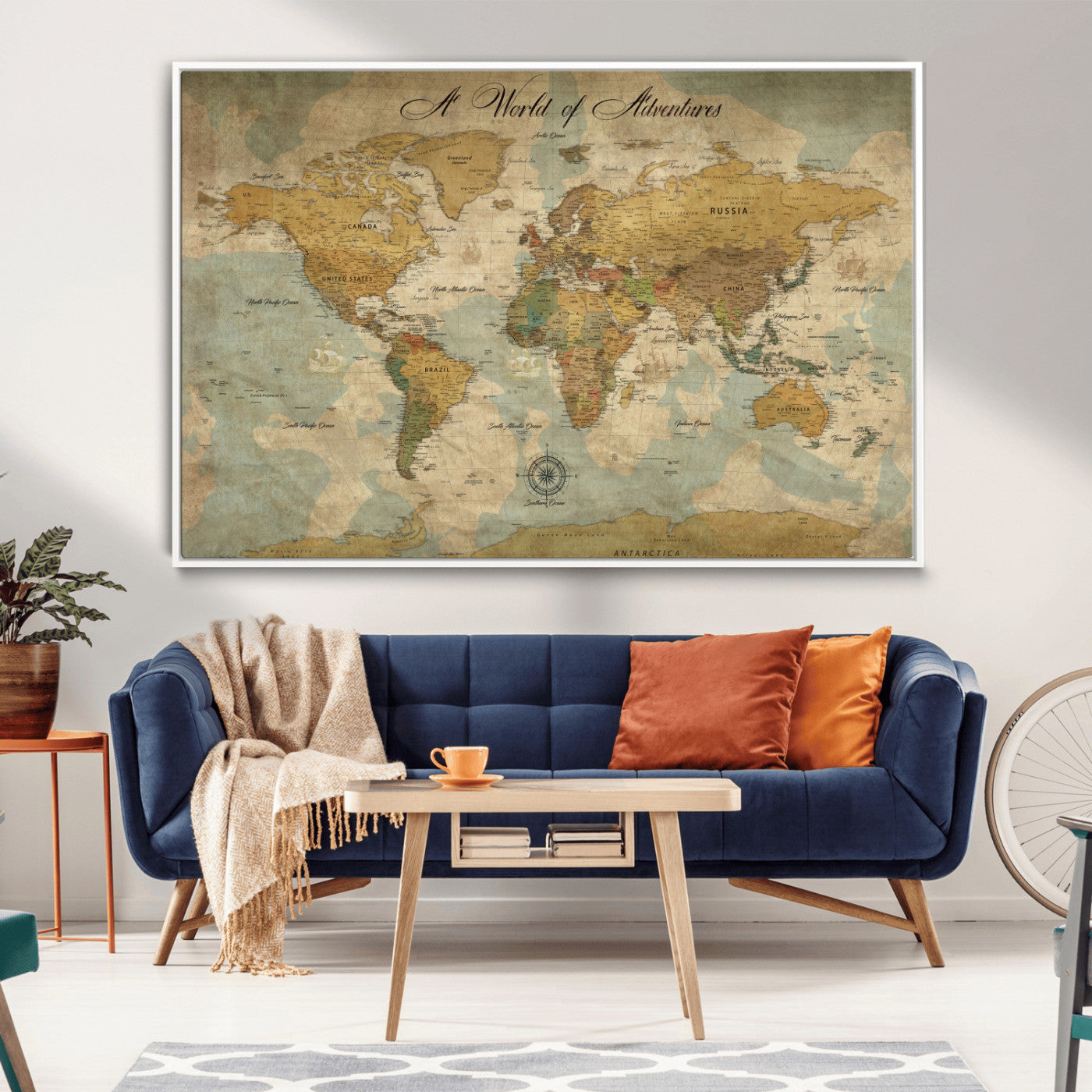 75690627-MGV-FC-36X24_White-Personalized World Map Print, Customizable Push Pin Framed World Map Print on Canvas - Custom Quote on Map Print,