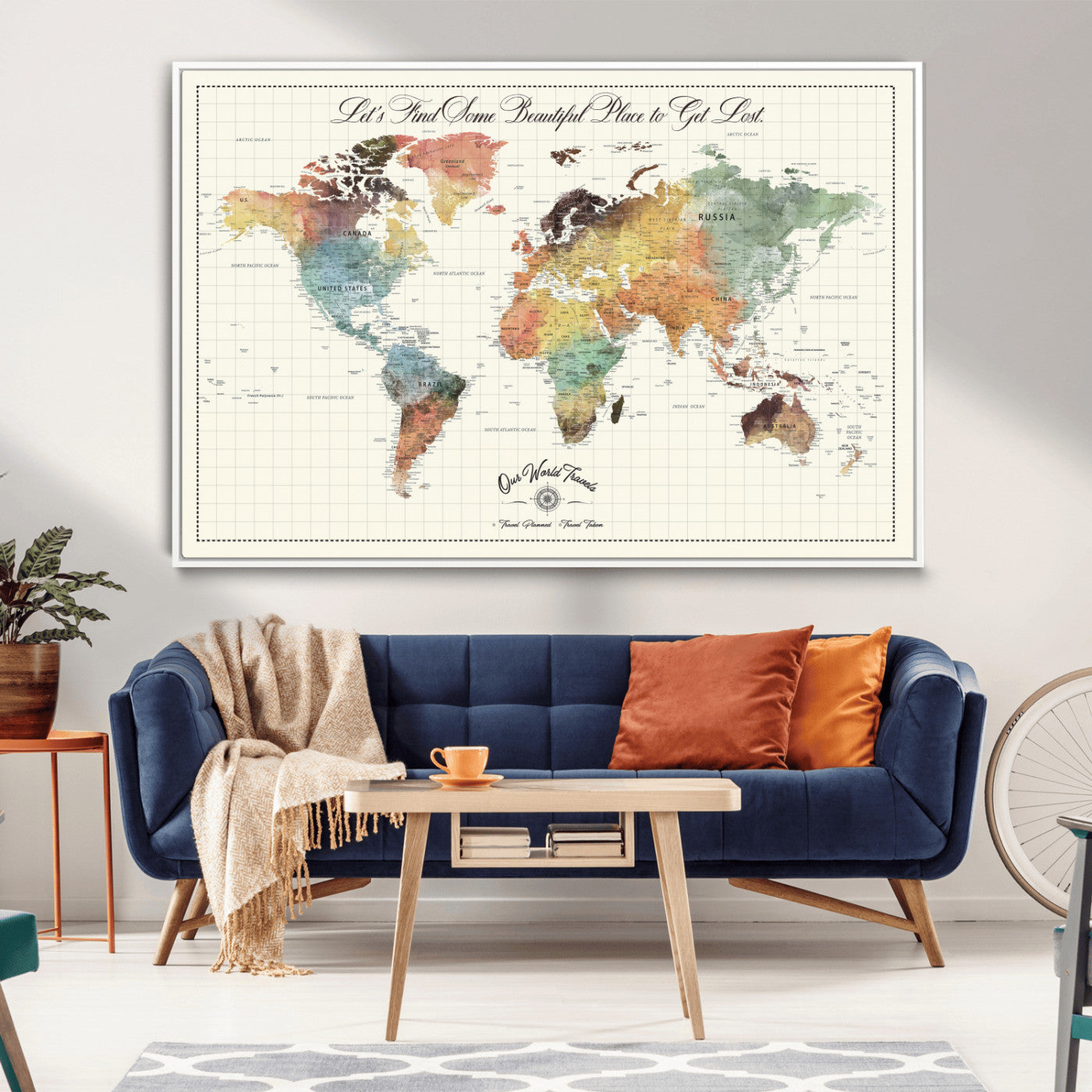 29289638-MGV-FC-36X24_White-Personalized World Map Print - Customizable Push Pin Framed World Map Print on Canvas - Custom Quote on Map Print