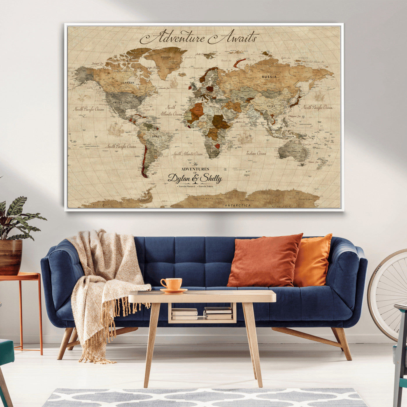 29054239-MGV-CV-36X24-Personalized World Map Print - Customizable Push Pin Framed World Map Print on Canvas - Custom Quote on Map Print