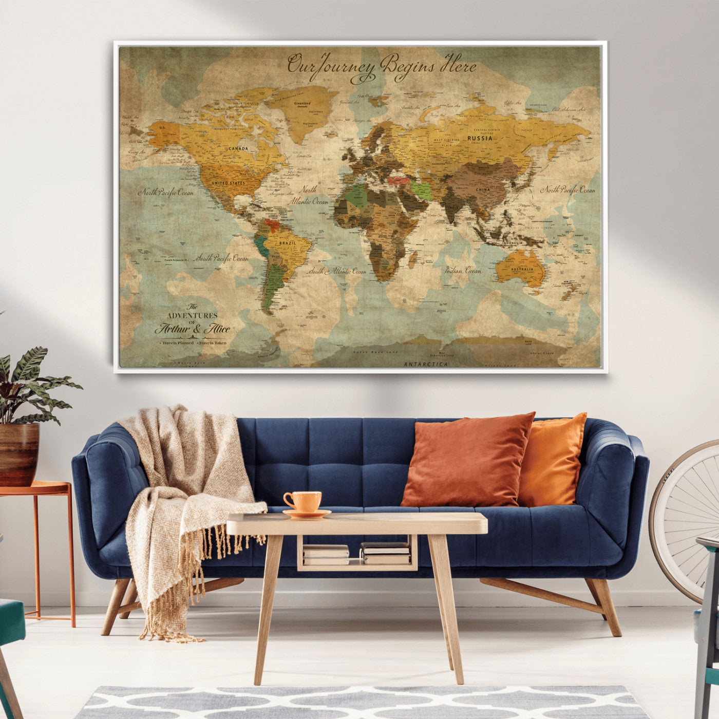 75523223-MGV-CV-36X24-Custom Push Pin World Map Wall Canvas Print – Personalized Travel Tracker with Pins – Framed Custom Quotie Canvas for Home Office