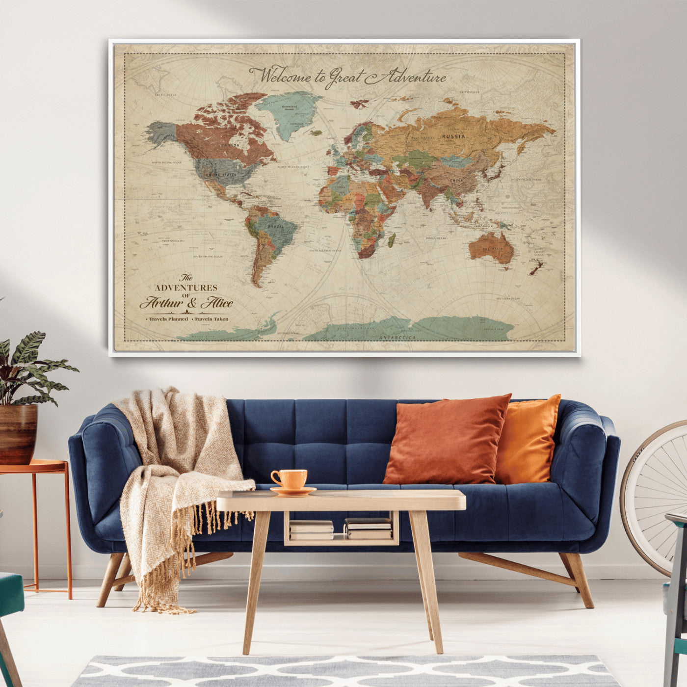 54152425-MGV-CV-36X24-Custom Push Pin World Map Wall Canvas Print – Personalized Travel Tracker with Pins – Framed Custom Map Quotie Canvas for Home Office Decor