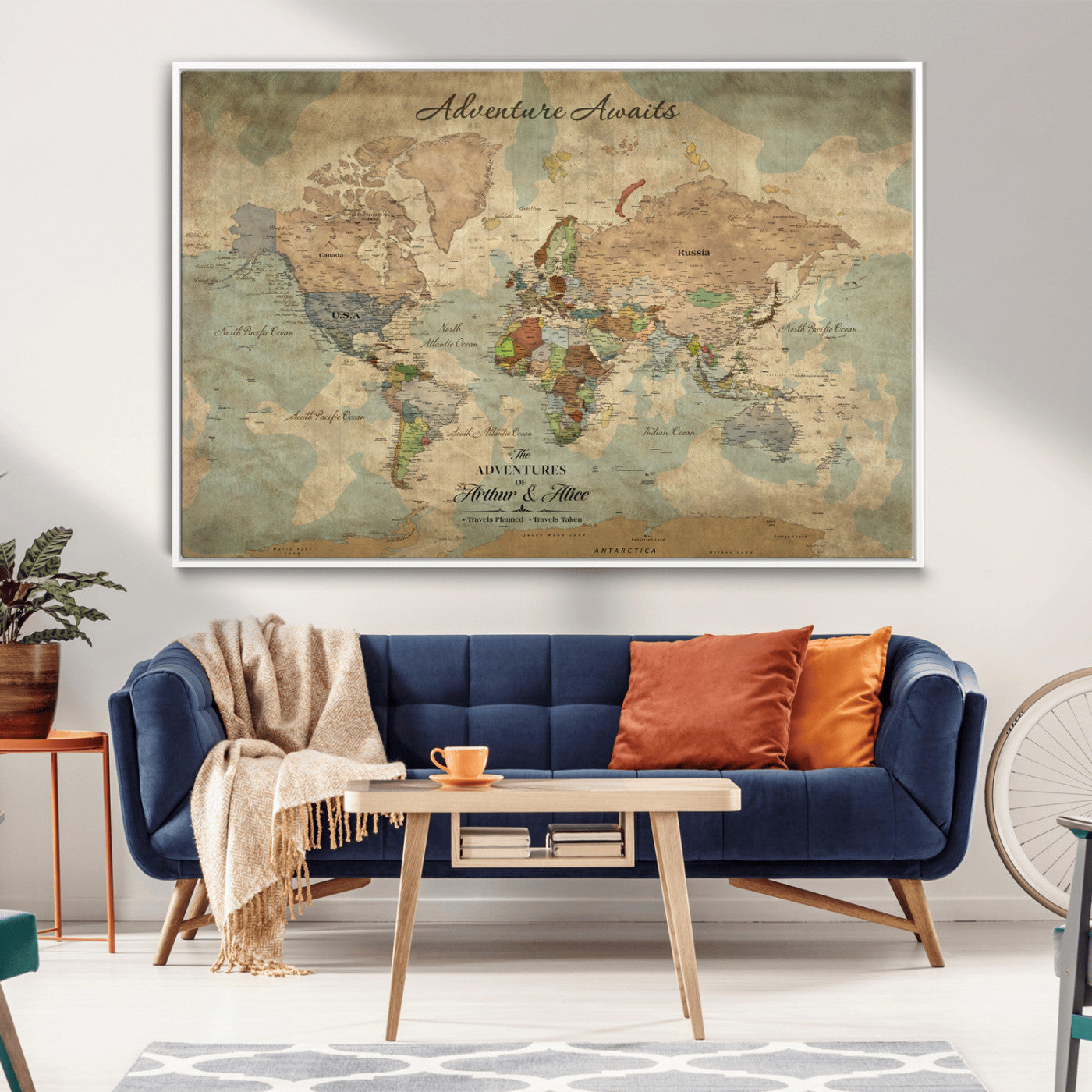 60798273-MGV-CV-30X20-Custom Push Pin World Map Wall Canvas Print – Personalized Travel Tracker with Pins – Framed Custom Quotie Canvas for Home Office Decor