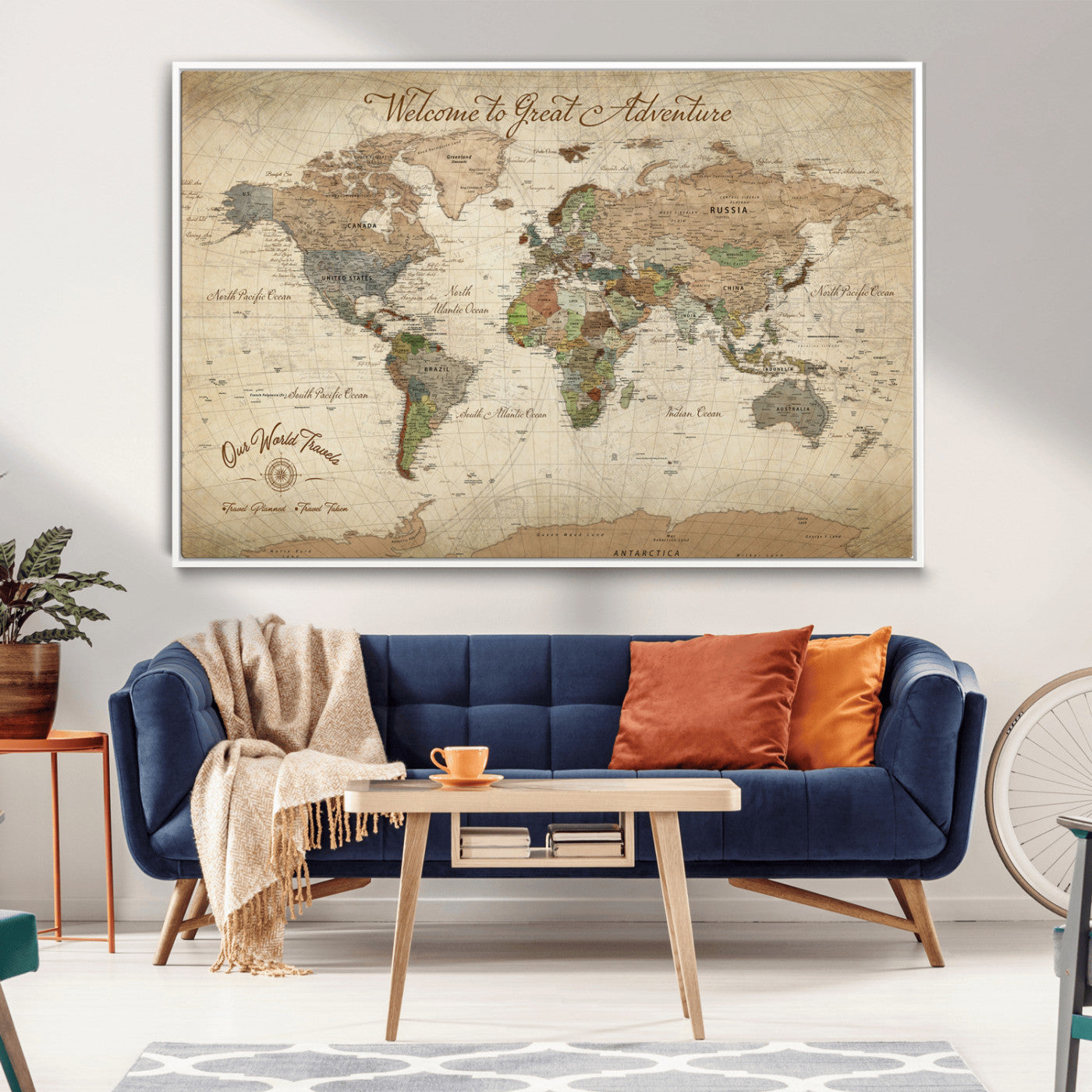 76478536-MGV-CV-30X20-Custom Push Pin World Map Wall Canvas Print – Personalized Travel Tracker with Pins – Framed Custom Quotie Canvas for Home Office Decor