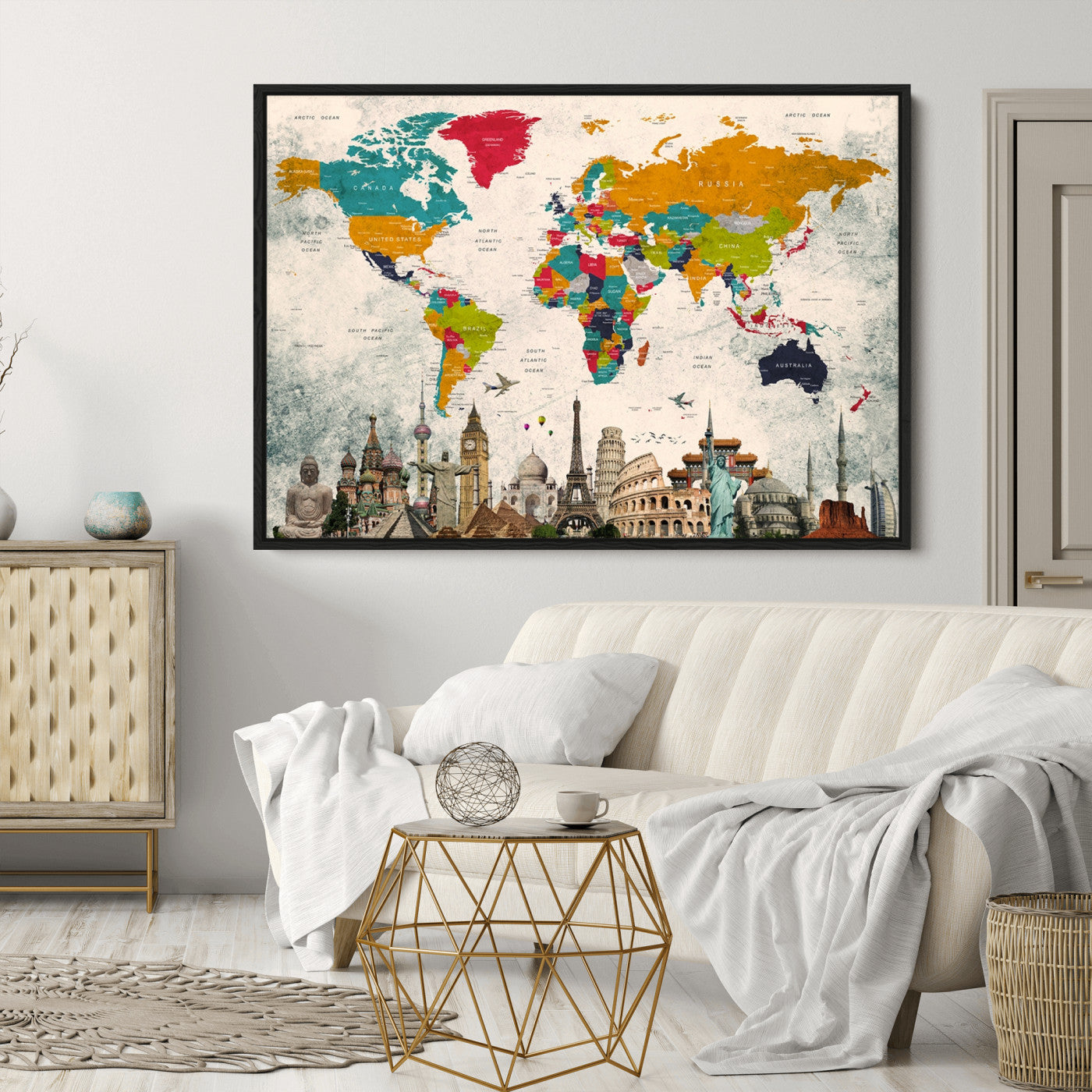 Push Pin World Map Canvas Print – Framed Wall Art for Couples to Track Their Travels – Anniversary Gift or Home Adventure Decor