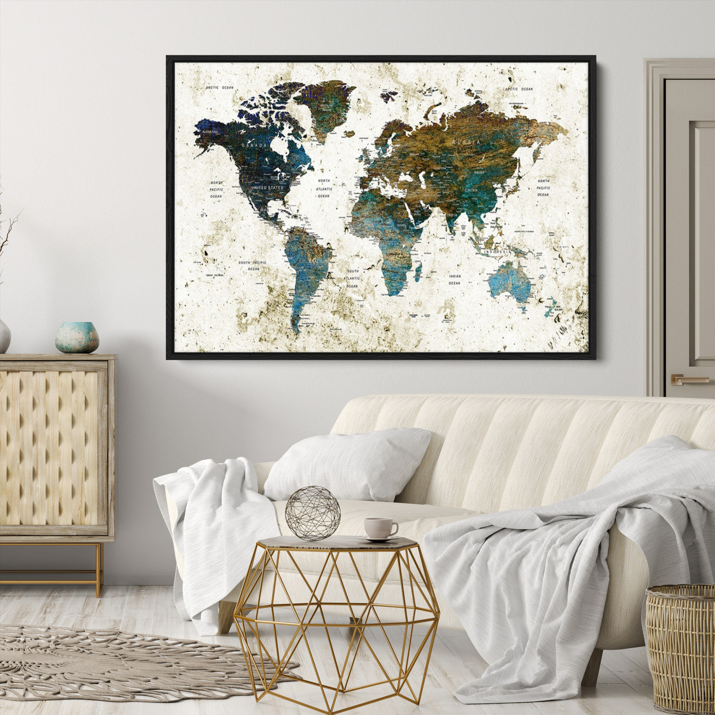 Vintage World Map Wall Art Canvas Print, Framed Rustic Earth Map Art Picture Print, Antique Map Perfect Rustic Vintage Decor Artwork