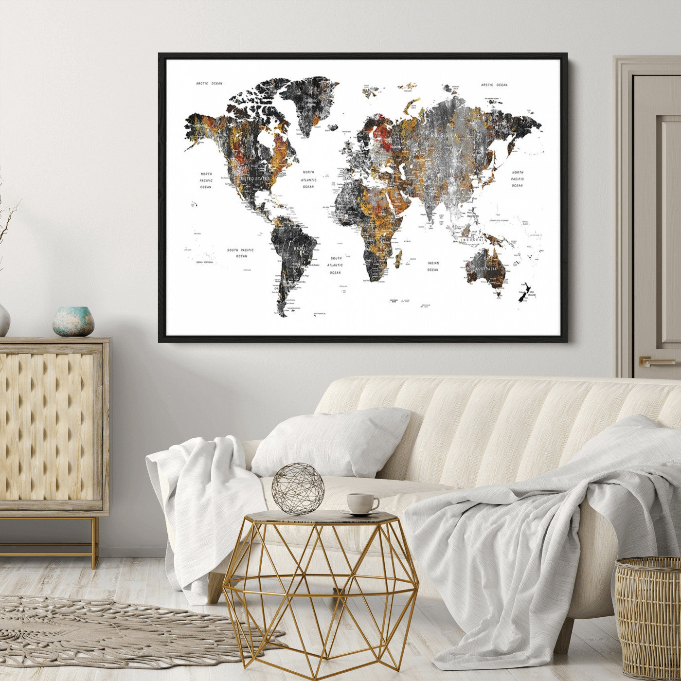 Push Pin World Map Canvas Print – Framed Wall Art for Couples to Track Their Travels – Anniversary Gift or Home Adventure Decor