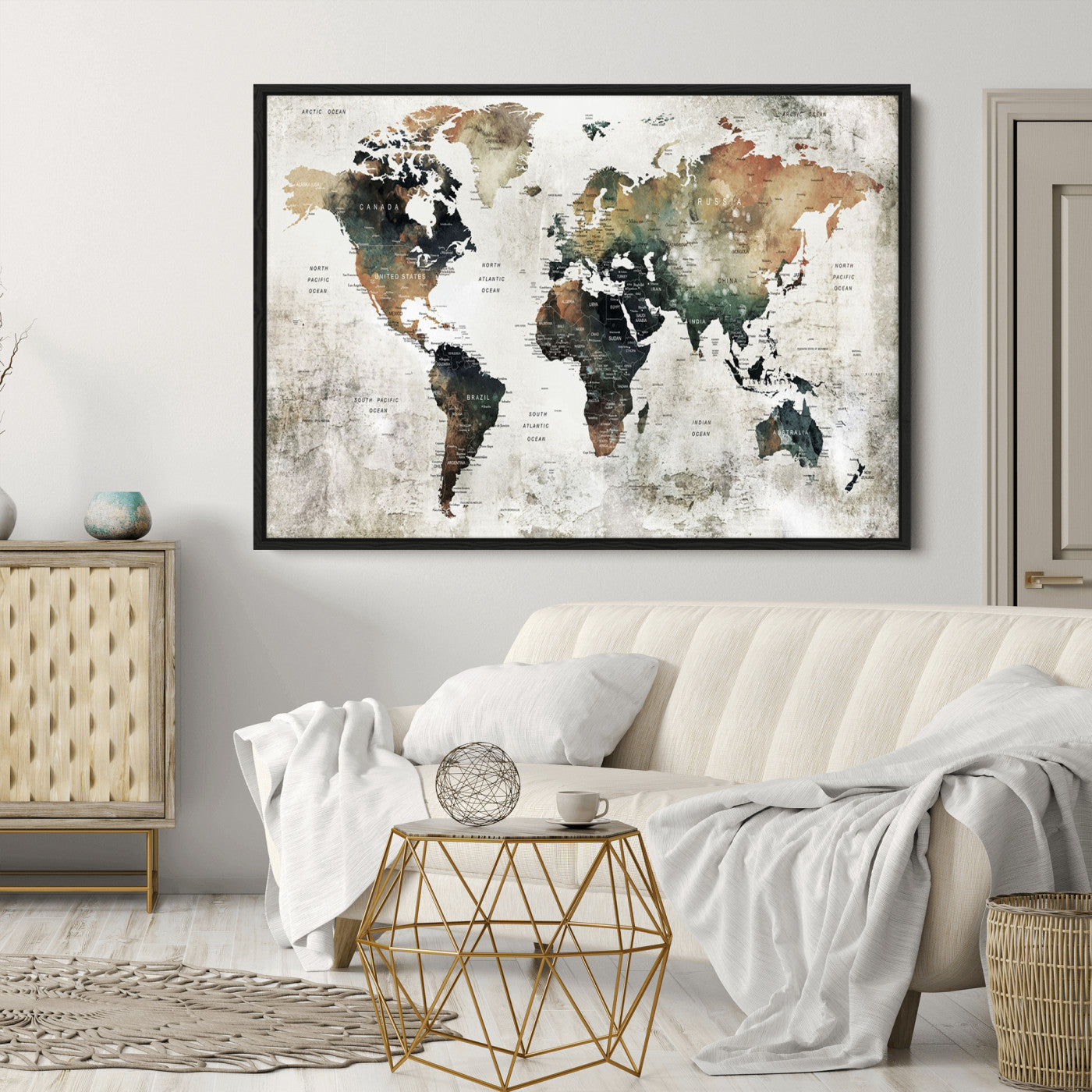 Push Pin World Map Canvas Print – Framed Wall Art for Couples to Track Their Travels – Anniversary Gift or Home Adventure Decor