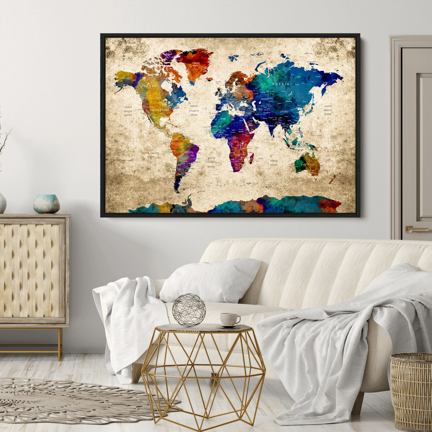 Push Pin World Map Canvas Print – Framed Wall Art for Couples to Track Their Travels – Anniversary Gift or Home Adventure Decor