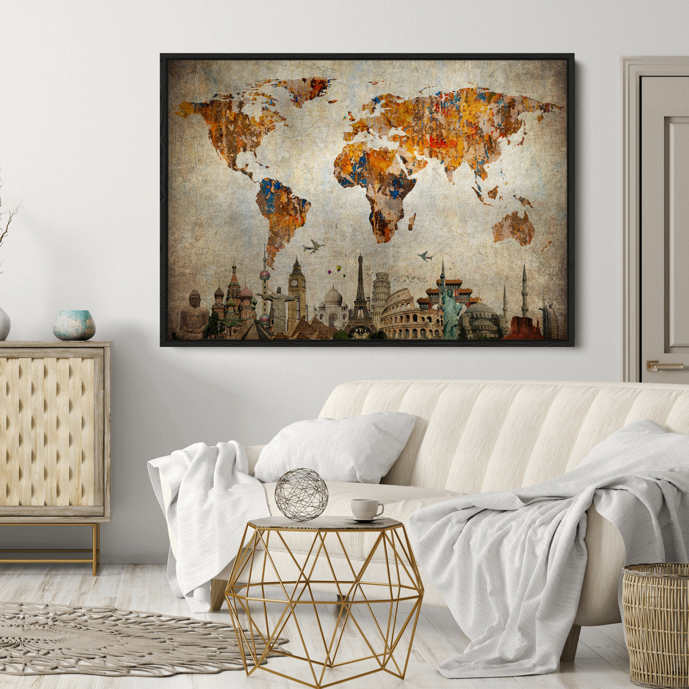 Push Pin World Map Canvas Print – Framed Wall Art for Couples to Track Their Travels – Anniversary Gift or Home Adventure Decor