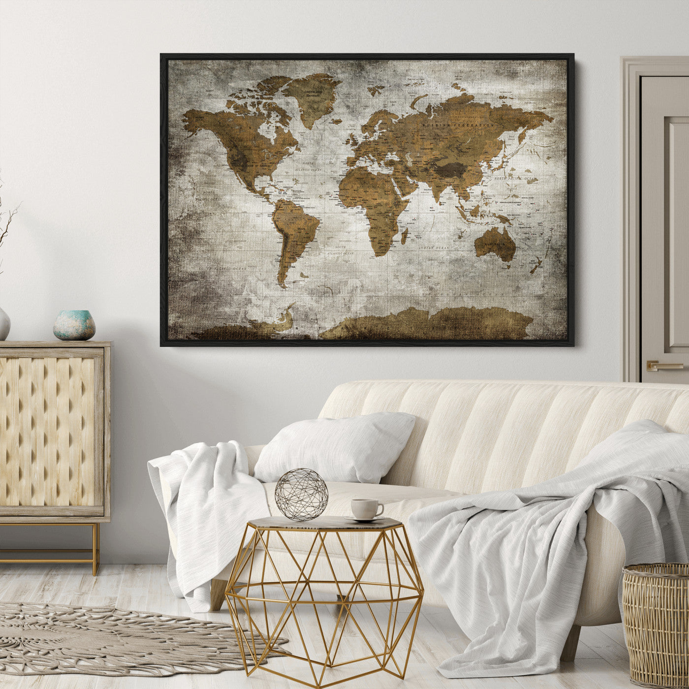Push Pin World Map Canvas Print – Framed Wall Art for Couples to Track Their Travels – Anniversary Gift or Home Adventure Decor