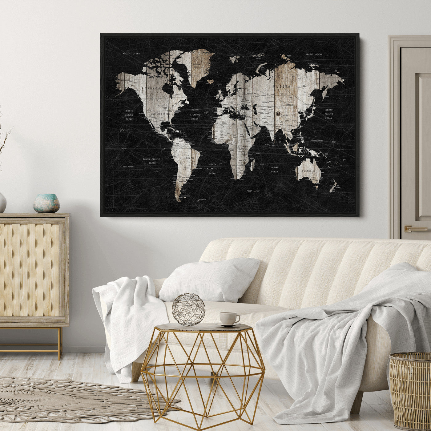 Push Pin World Map Canvas Print – Framed Wall Art for Couples to Track Their Travels – Anniversary Gift or Home Adventure Decor