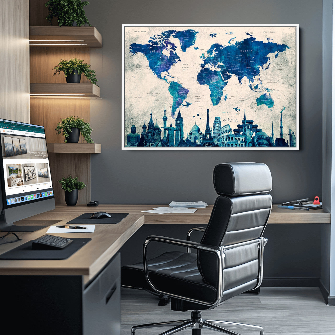 Navy Blue World Map Canvas Print, Wonder of World Map Push Pin Canvas Print