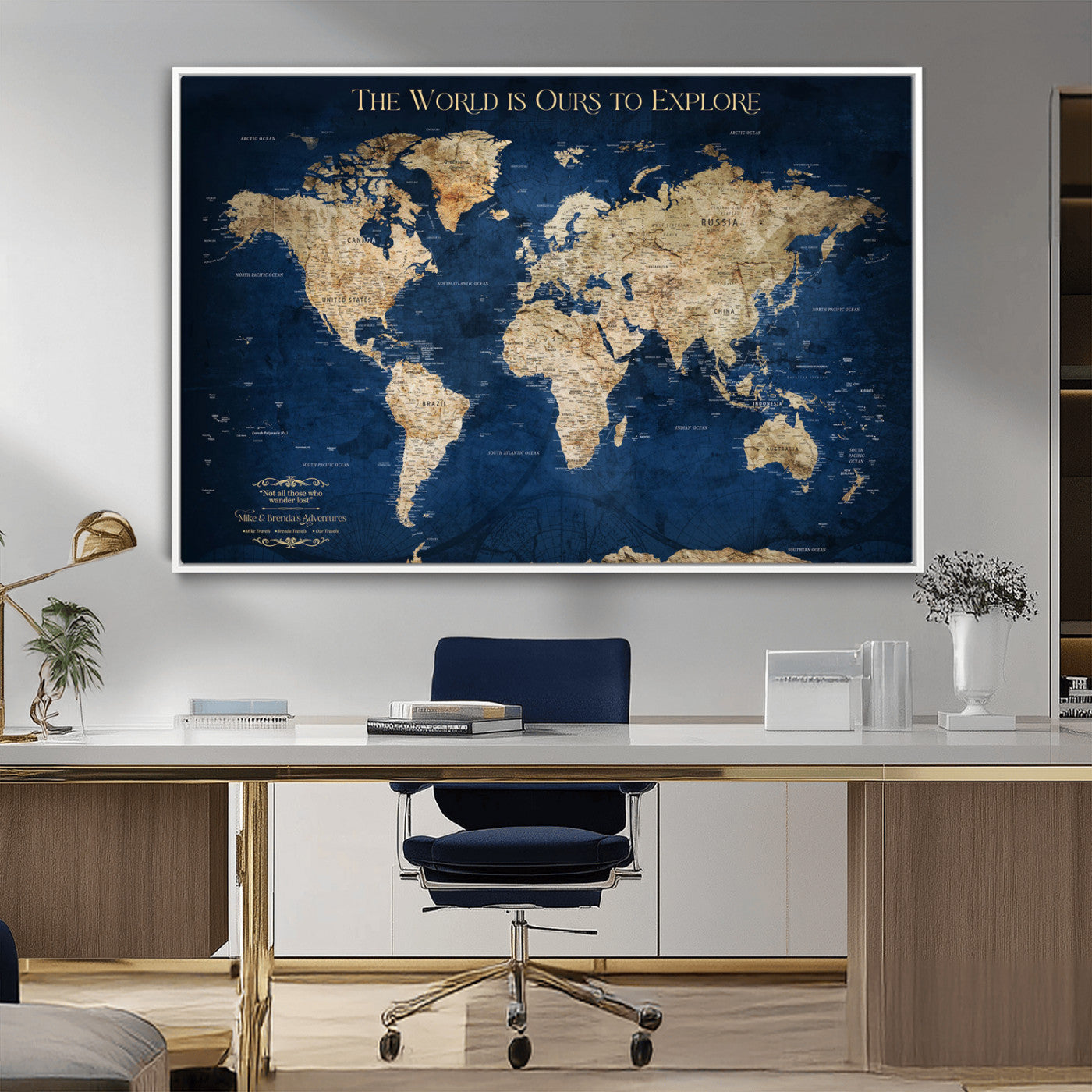 Custom World Map Wall Art – Personalized Framed Canvas Print with Push Pins for Travel Tracking, Anniversary or Couple Gift Ideas - H2-2
