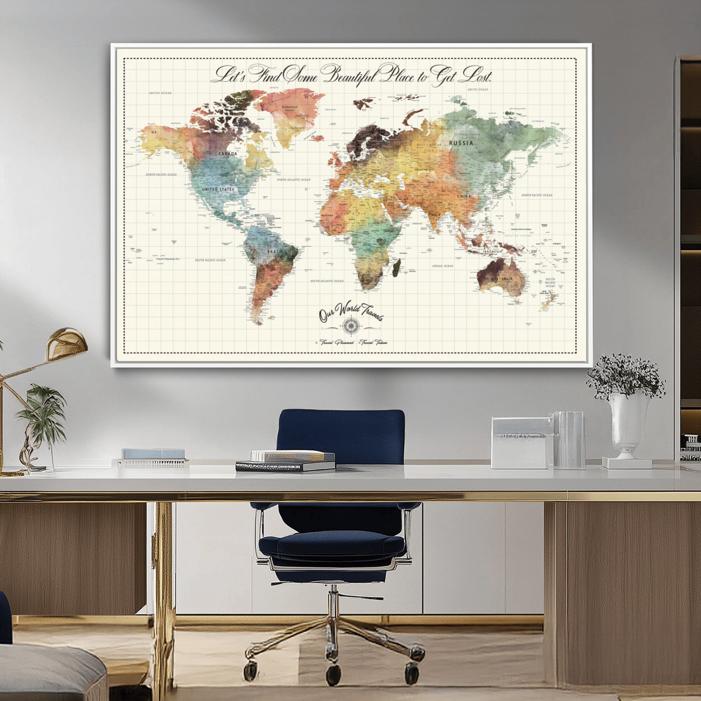 29289638-MGV-CV-36X24-Personalized World Map Print - Customizable Push Pin Framed World Map Print on Canvas - Custom Quote on Map Print