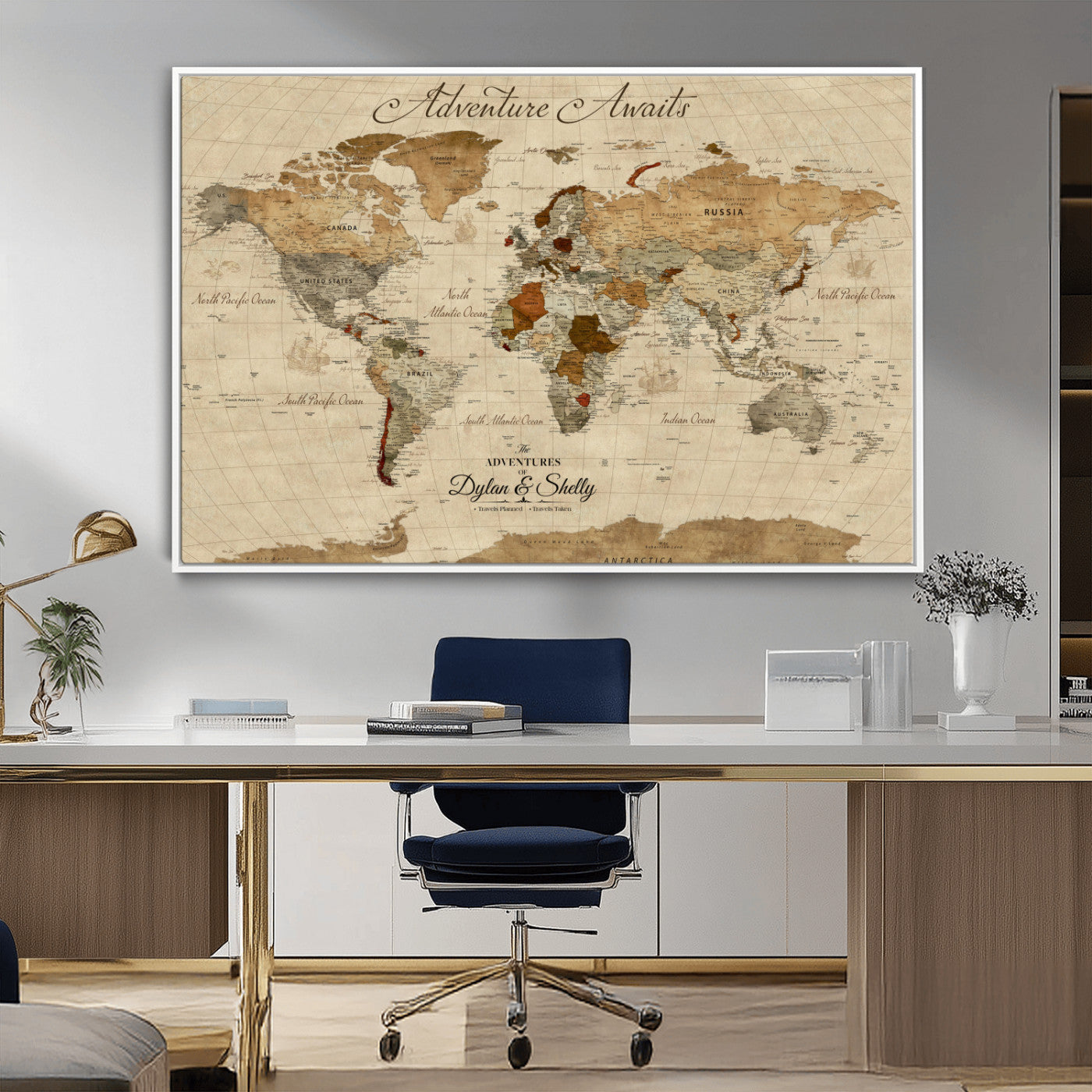 29054239-MGV-CV-36X24-Personalized World Map Print - Customizable Push Pin Framed World Map Print on Canvas - Custom Quote on Map Print