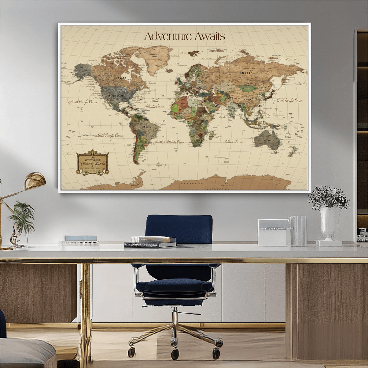 74480507-MGV-CV-36X24-Custom Push Pin World Map Wall Canvas Print – Personalized Travel Tracker with Pins – Framed Custom Quotie Canvas for Home Office Decoration