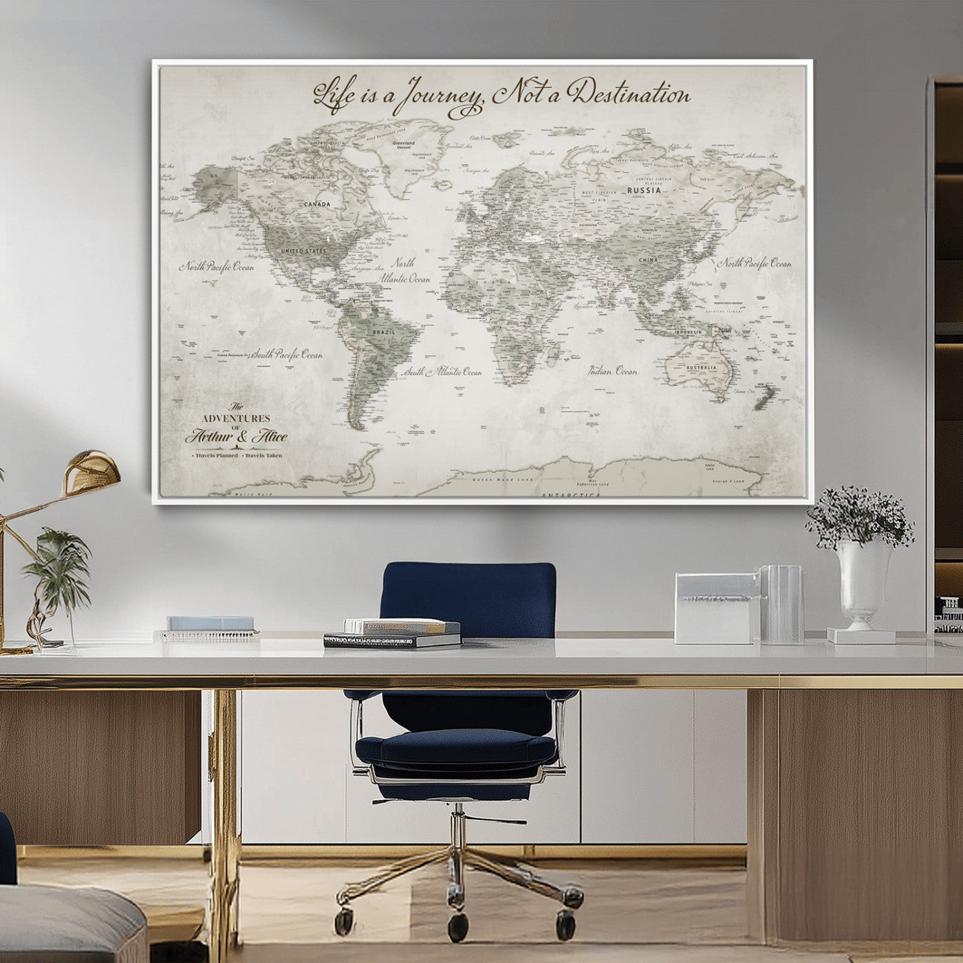 Custom Push Pin World Map Wall Canvas Print – Personalized Travel Tracker with Pins – Framed Custom Quotie Canvas for Home Office Decor