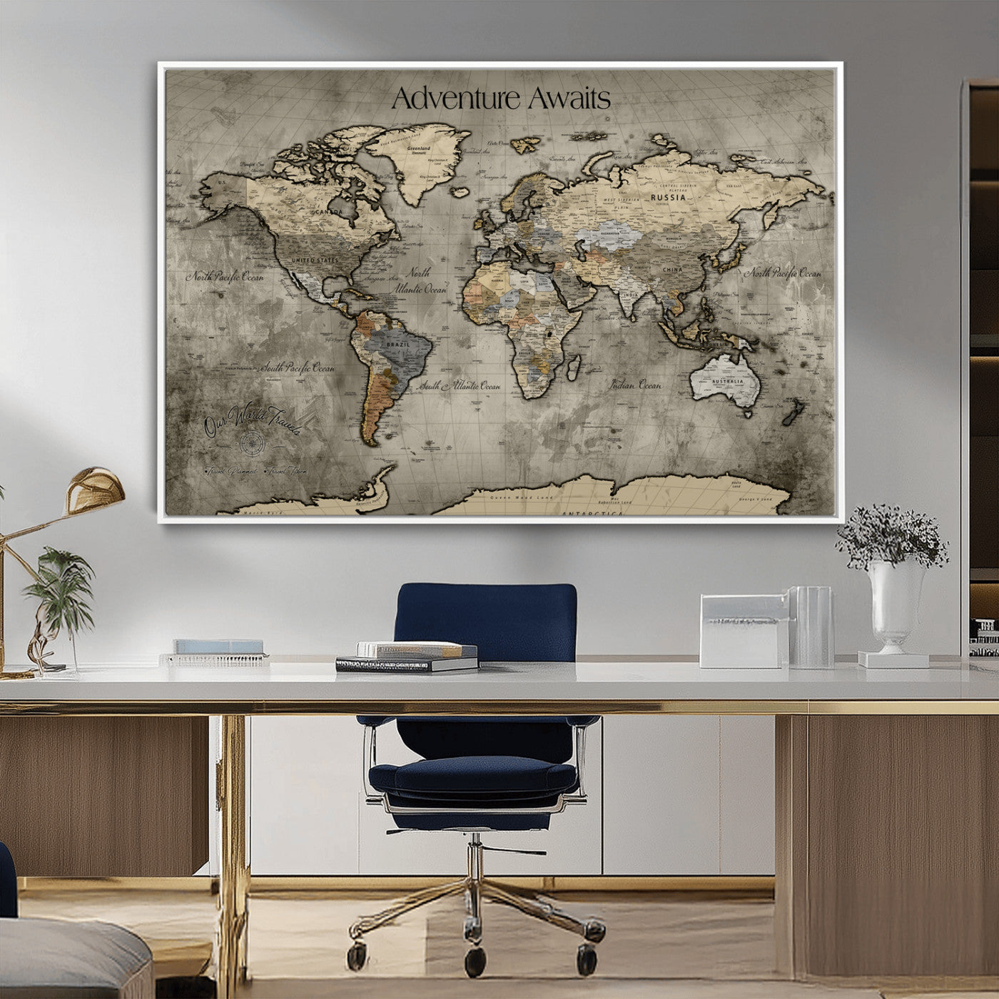 60740187-MGV-CV-36X24-Tree Rings Wall Art Canvas Print, Framed Wood Texture Art Picture Print, Blue Grain Perfect Rustic Modern Decor Artwork, Wood Texture Wall