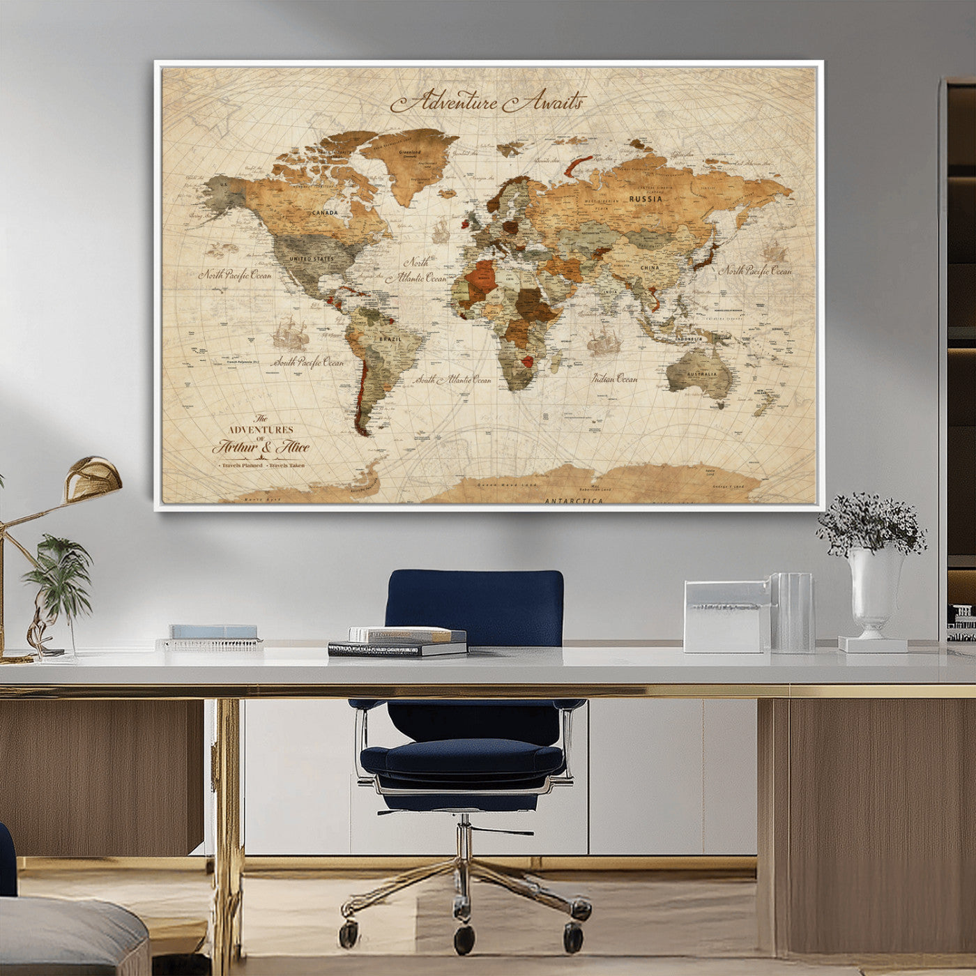 64295326-MGV-CV-30X20-Custom Push Pin World Map Wall Canvas Print – Personalized Travel Tracker with Pins – Framed Custom Quotie Canvas for Home Office Decor