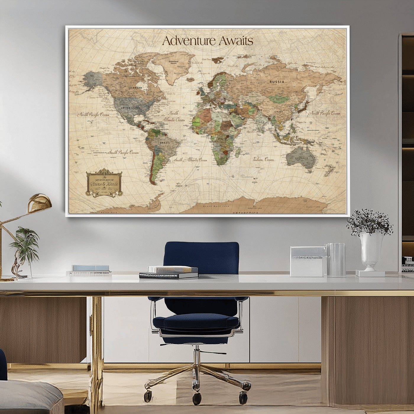 33020399-MGV-CV-30X20-Custom Push Pin World Map Wall Canvas Print – Personalized Travel Tracker with Pins – Framed Custom Quotie Canvas for Home Office Decor
