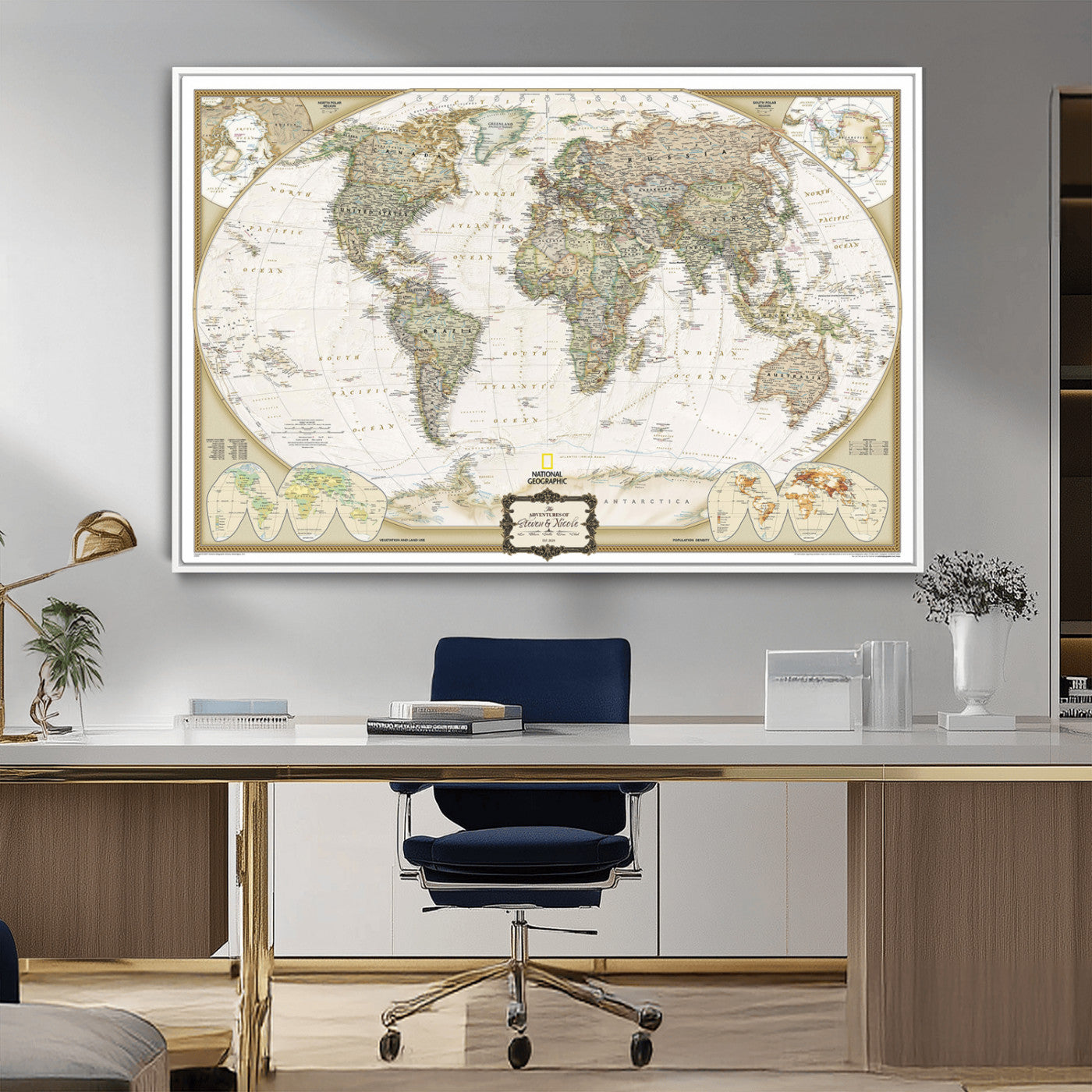 Custom Push Pin World Map Wall Art Canvas Print – Personalized National Geopraphic Map for Travel Plan – Framed Customize Animal Map for Stady Room Decor