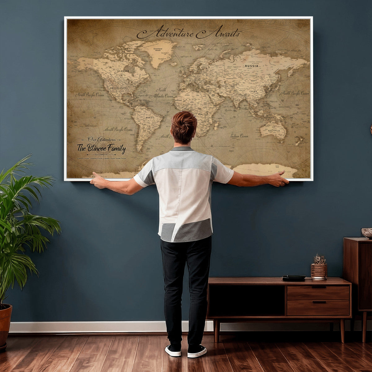 Personalized Framed Beige World Travel Map Wall Art with Pins, Family Travel Tracker, Family Room and Entryway Decor