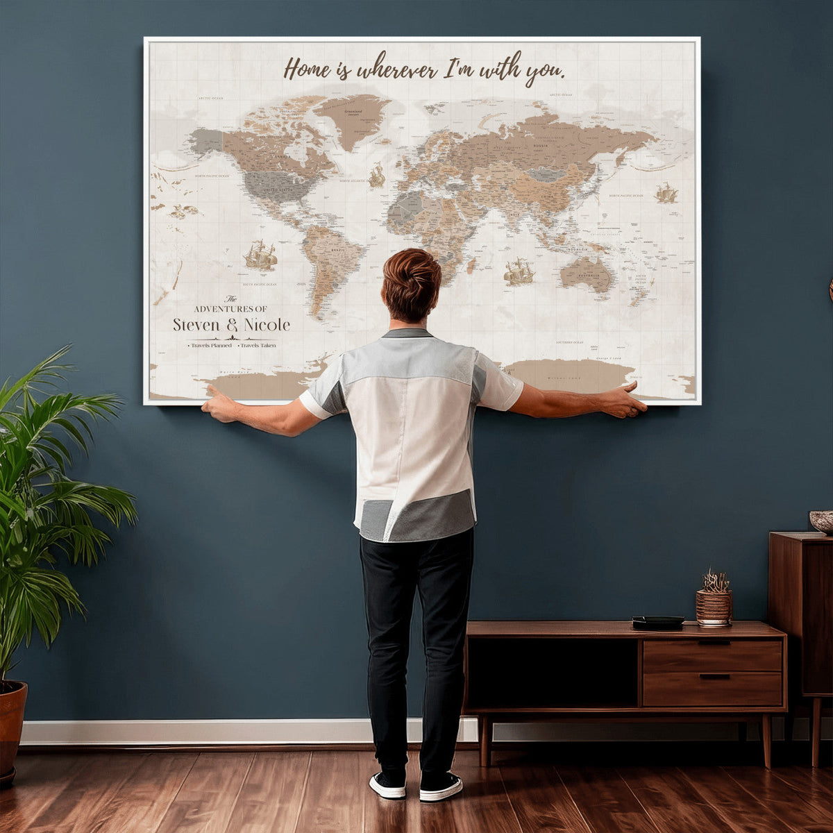 Personalized Push Pin Travel Map Canvas Print, Honeymoon and Anniversary Gift, Family Room and Hallway Decor
