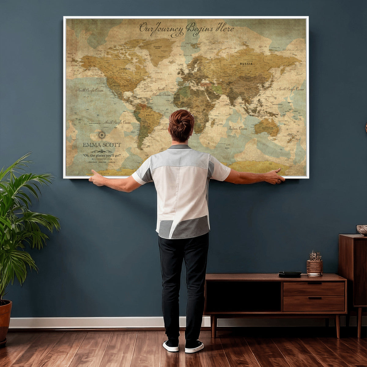Personalized Navy Push Pin Travel Map Canvas Print, Couples Countries Visited Map, Living Room and Dining Room Decor