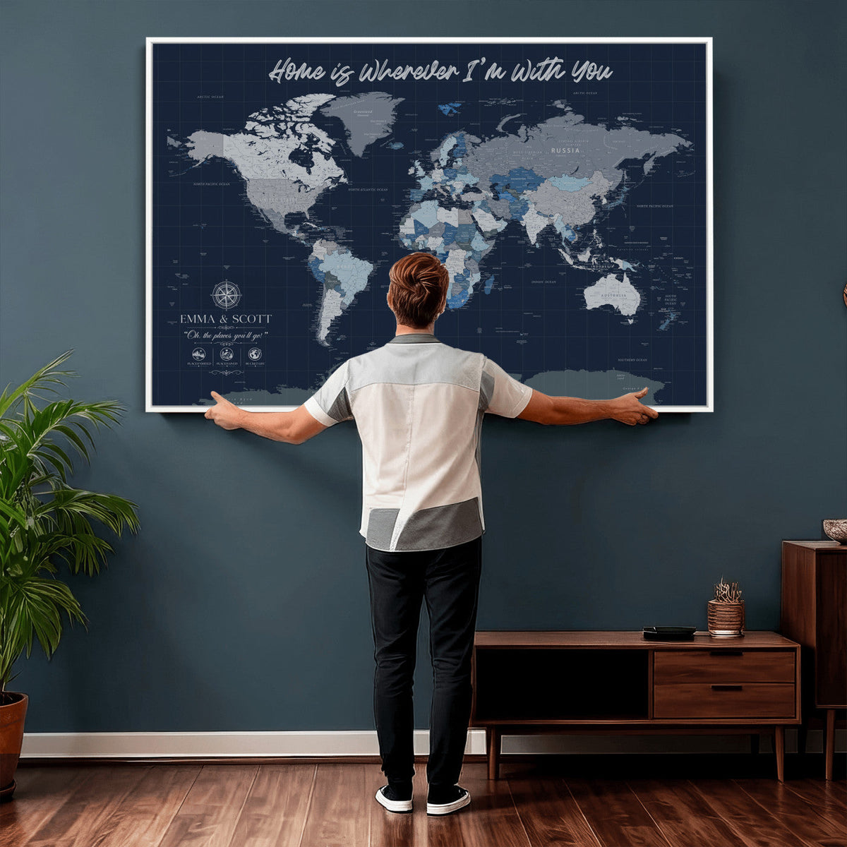 NEWMAP-18-MGV-CV-36X24 - Custom Push Pin World Map Wall Art Canvas Print | Personalized Travel Tracker with Pins Framed Large Print - NEWMAP-18