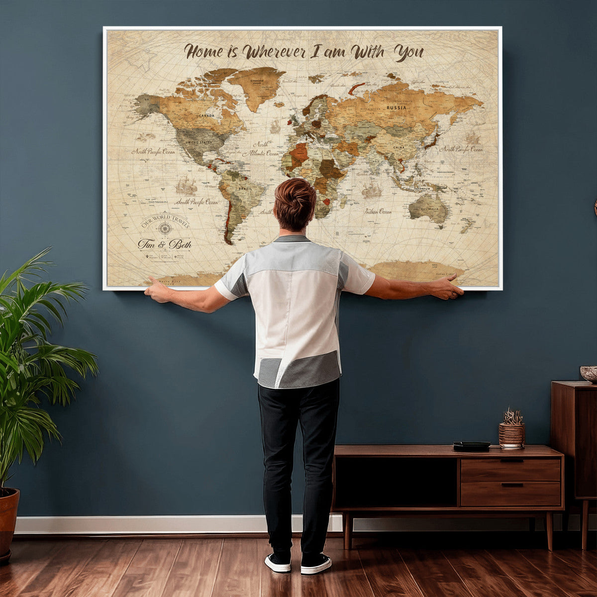 Personalized Framed Black Modern Push Pin World Map Wall Art, Couples Countries Visited Map, Dining Room and Hallway Decor