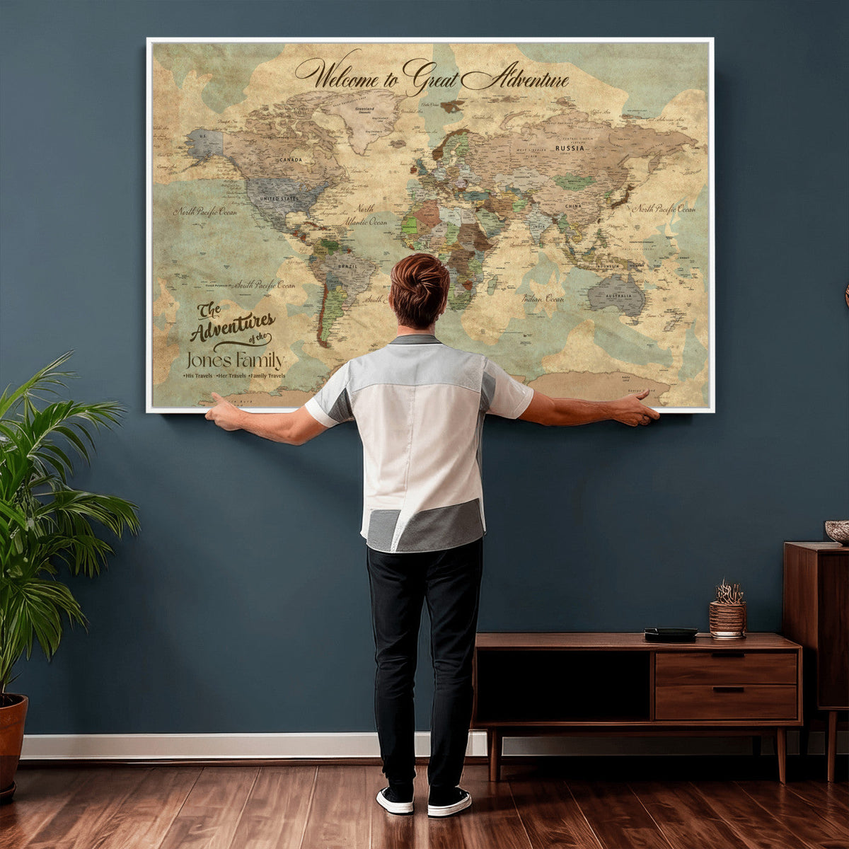 Personalized Framed Navy Vintage Push Pin World Map Wall Art, Places Visited Tracker, Bedroom and Hallway Decor