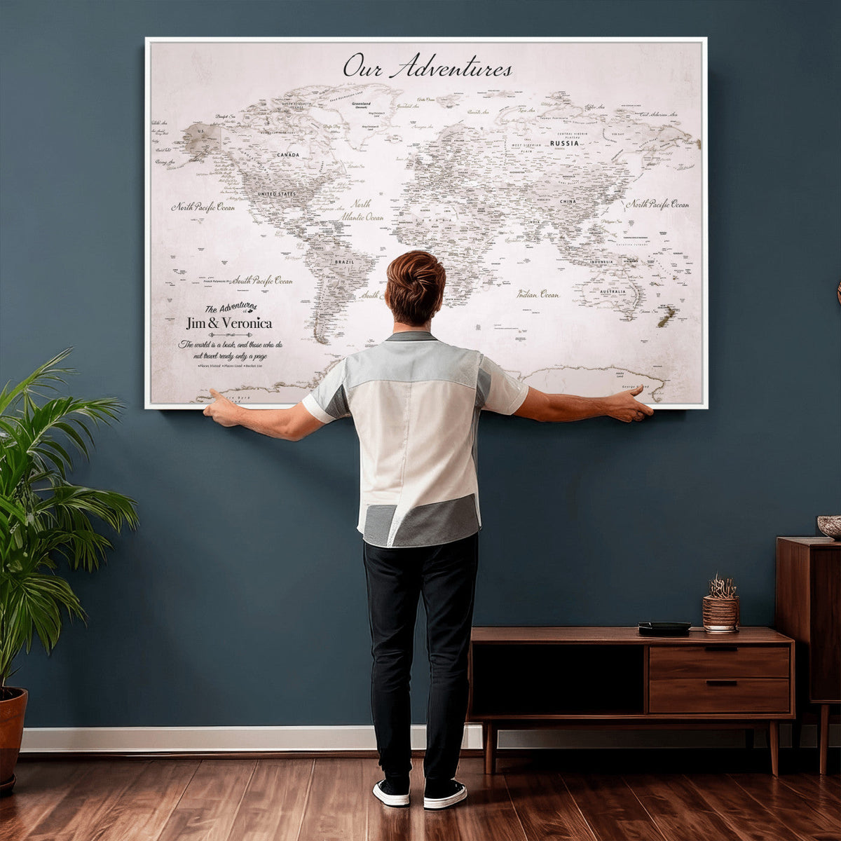 Personalized Beige Vintage World Travel Map Wall Art with Pins, Honeymoon and Anniversary Gift, Entryway and Hallway Decor