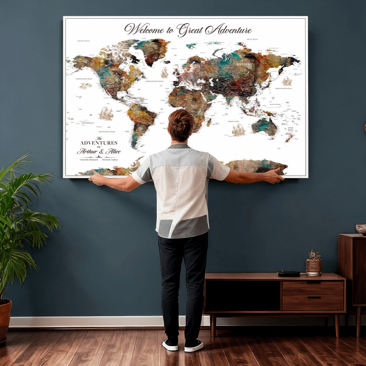 Custom Framed Beige Modern Push Pin World Map Wall Art, Couples Countries Visited Map, Study and Entryway Decor