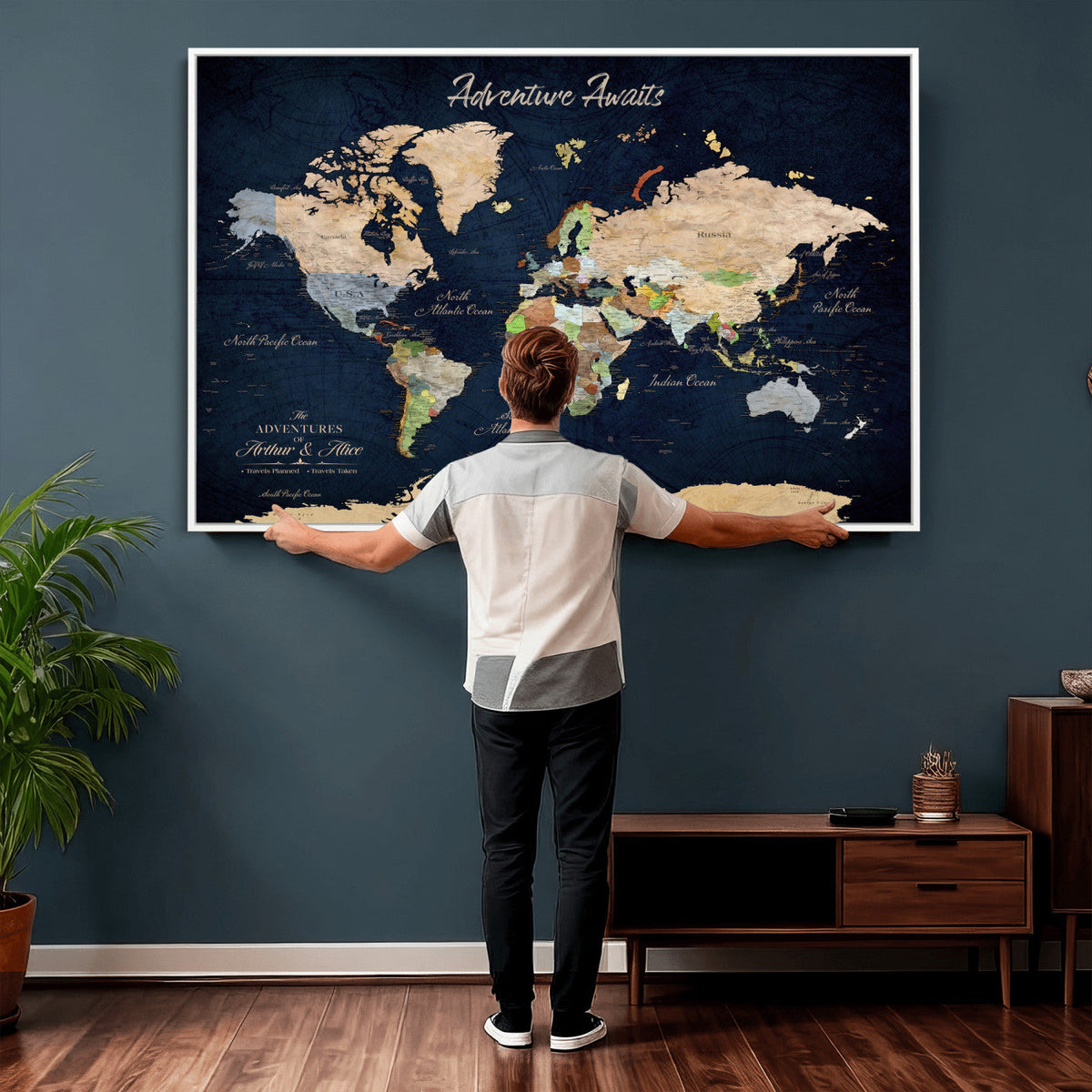 Personalized Beige Antique Push Pin Travel Map Canvas Print, Bucket List Map, Dining Room and Entryway Decor