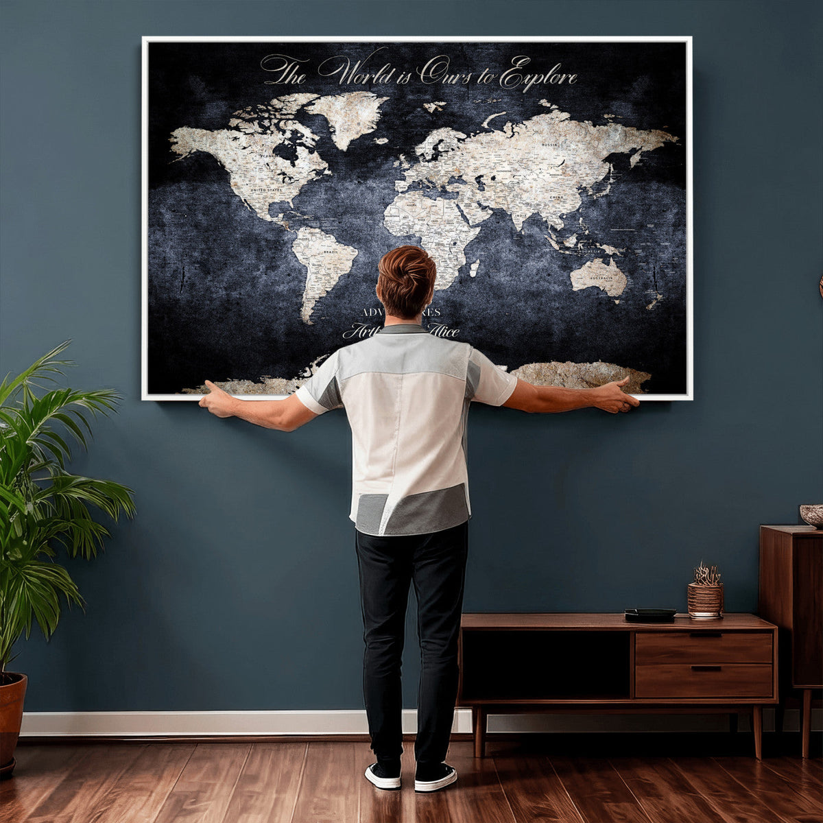 Personalized Beige Modern Push Pin Travel Map Canvas Print, Places Visited Tracker, Study and Entryway Decor