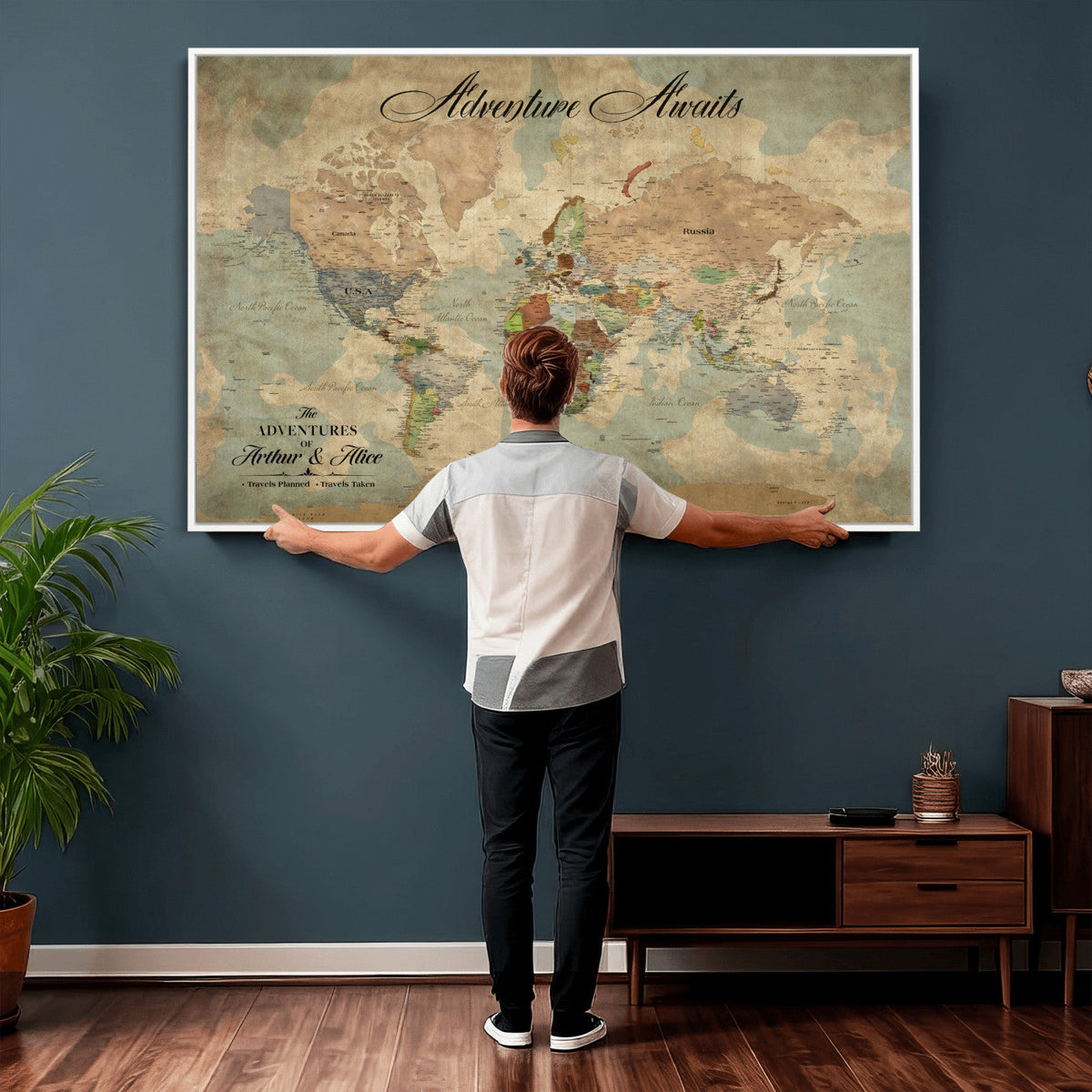 Custom Beige World Travel Map Wall Art with Pins, Bucket List Map, Dining Room and Study Decor