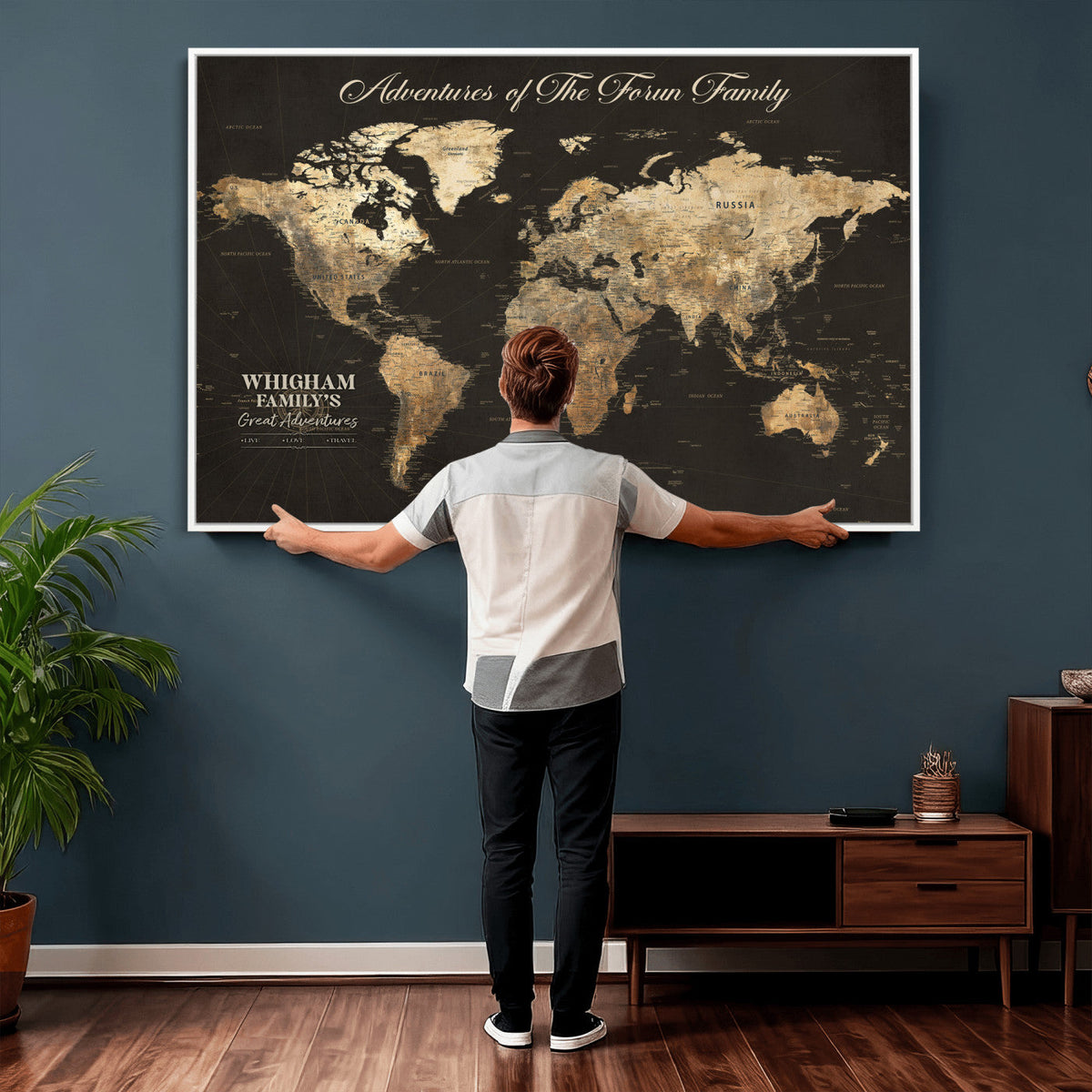 Personalized Framed Beige World Travel Map Wall Art with Pins, Couples Countries Visited Map, Family Room and Dining Room Decor