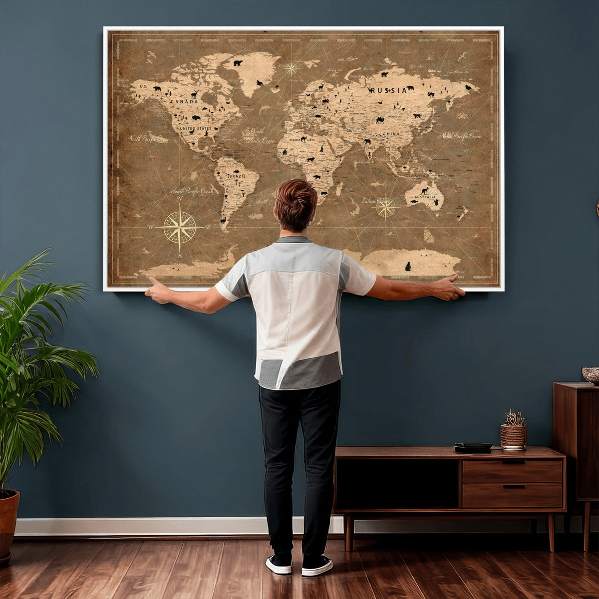16235283-MGV-CV-36X24 - Custom World Travel Map Wall Art with Pins, Family Travel Tracker, Living Room and Bedroom Decor